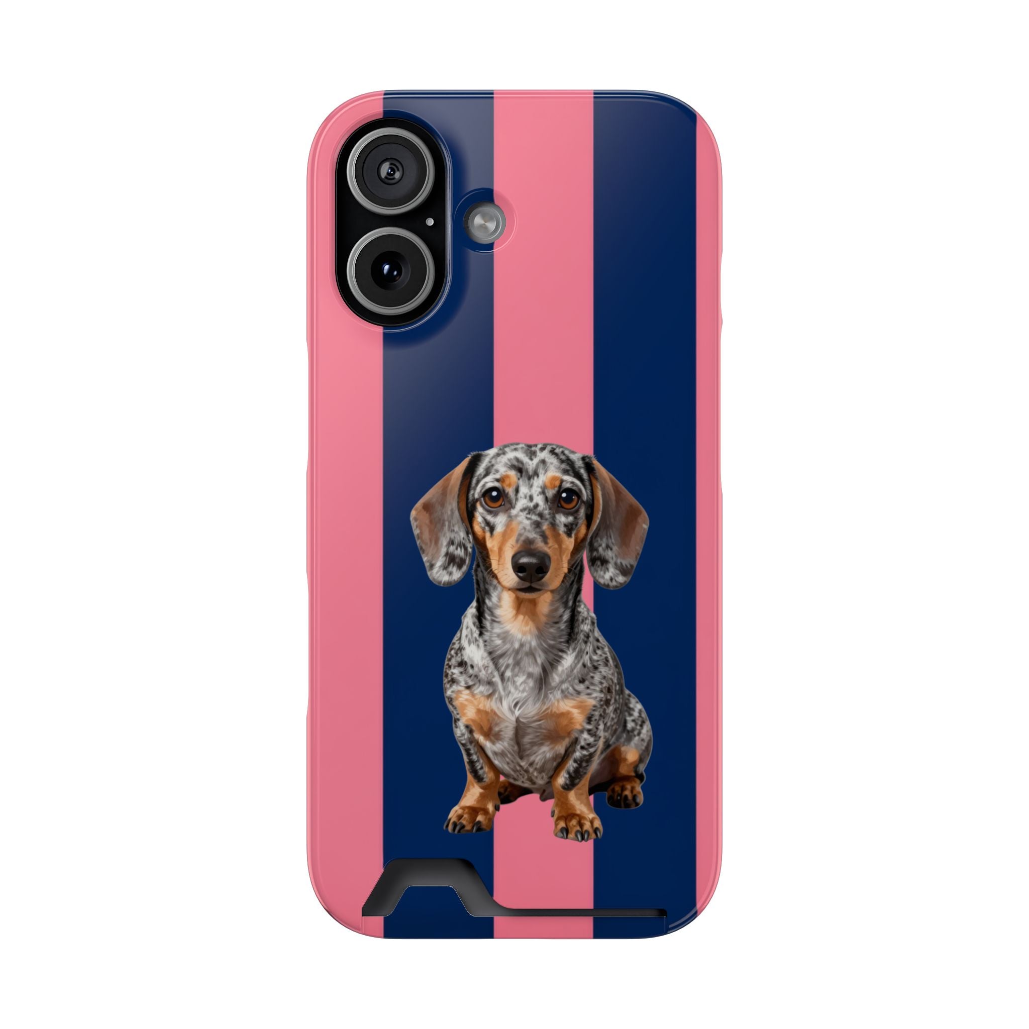 Dachshund Stripe Card-Holder Phone Case — Pink & Navy Wallet Case