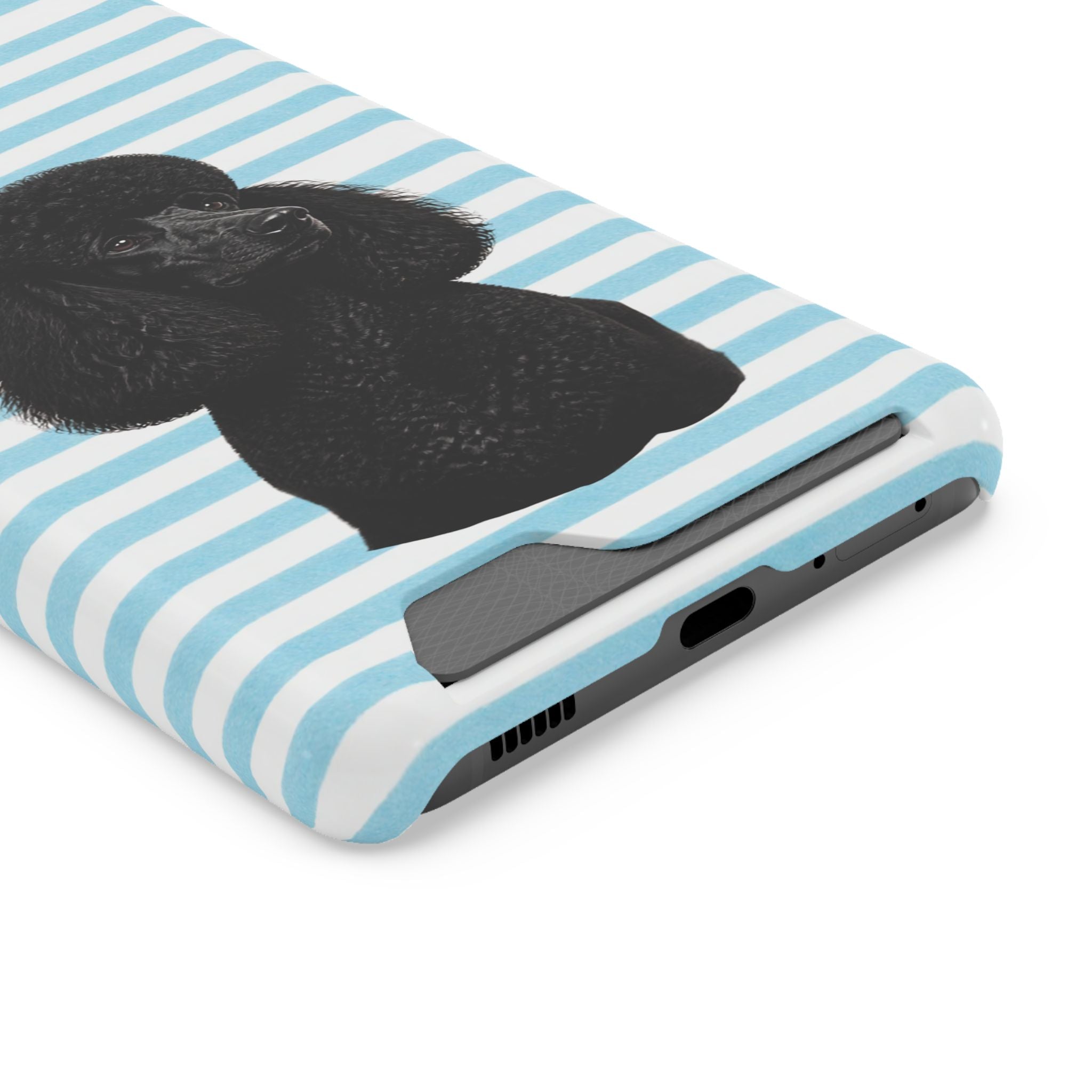 Poodle Stripe Phone Card Case – Blue Striped Wallet Case with Black Poodle