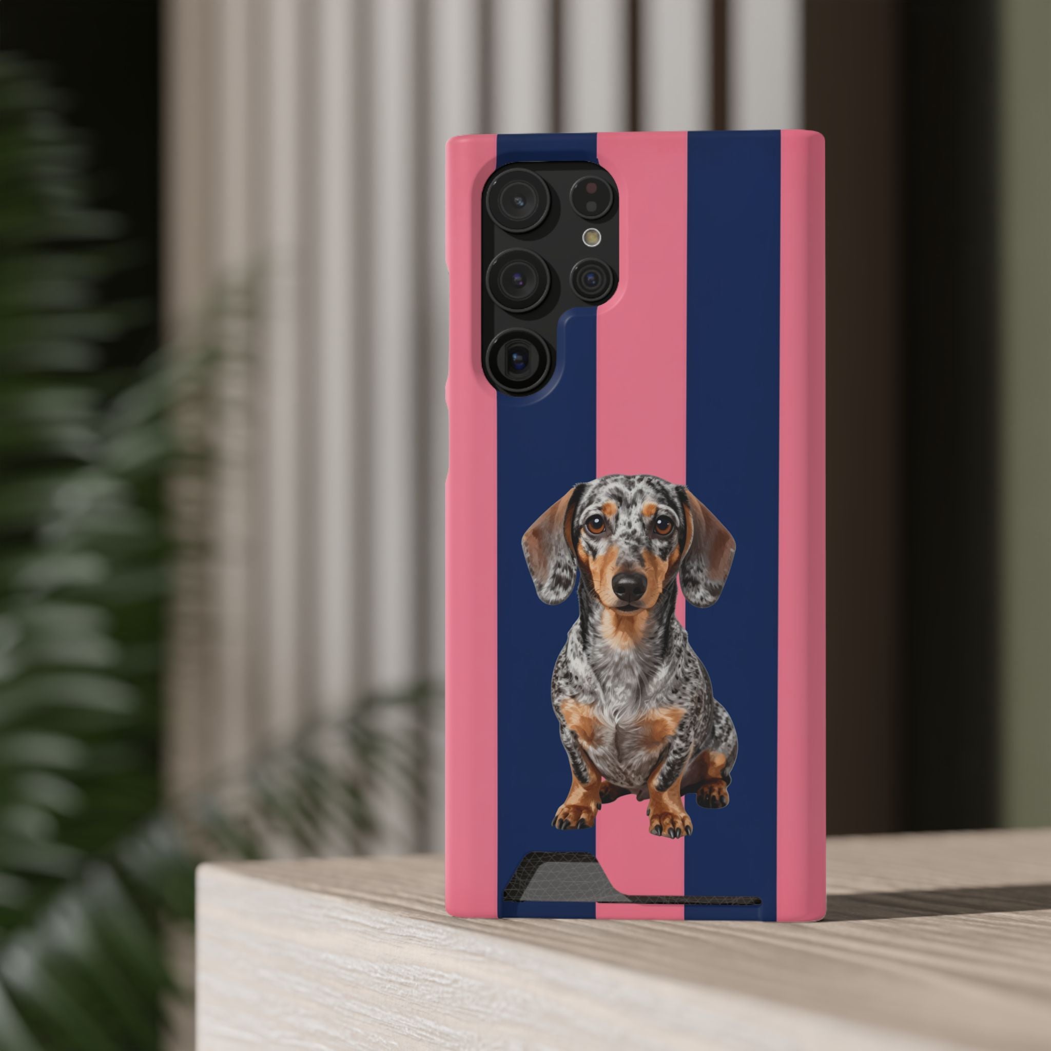 Dachshund Stripe Phone Case with Card Holder — Pink & Navy Cute Dog Wallet Case