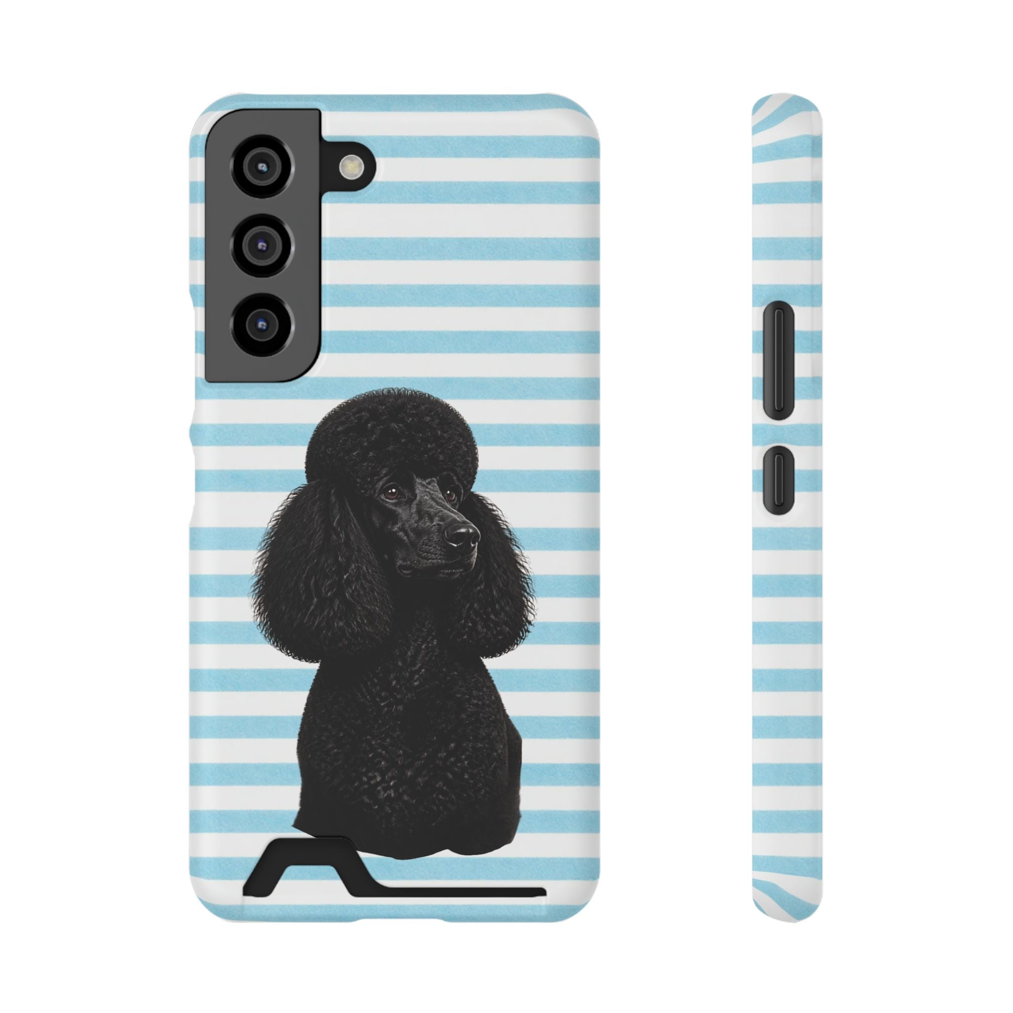 Poodle Stripe Phone Card Case – Blue Striped Wallet Case with Black Poodle