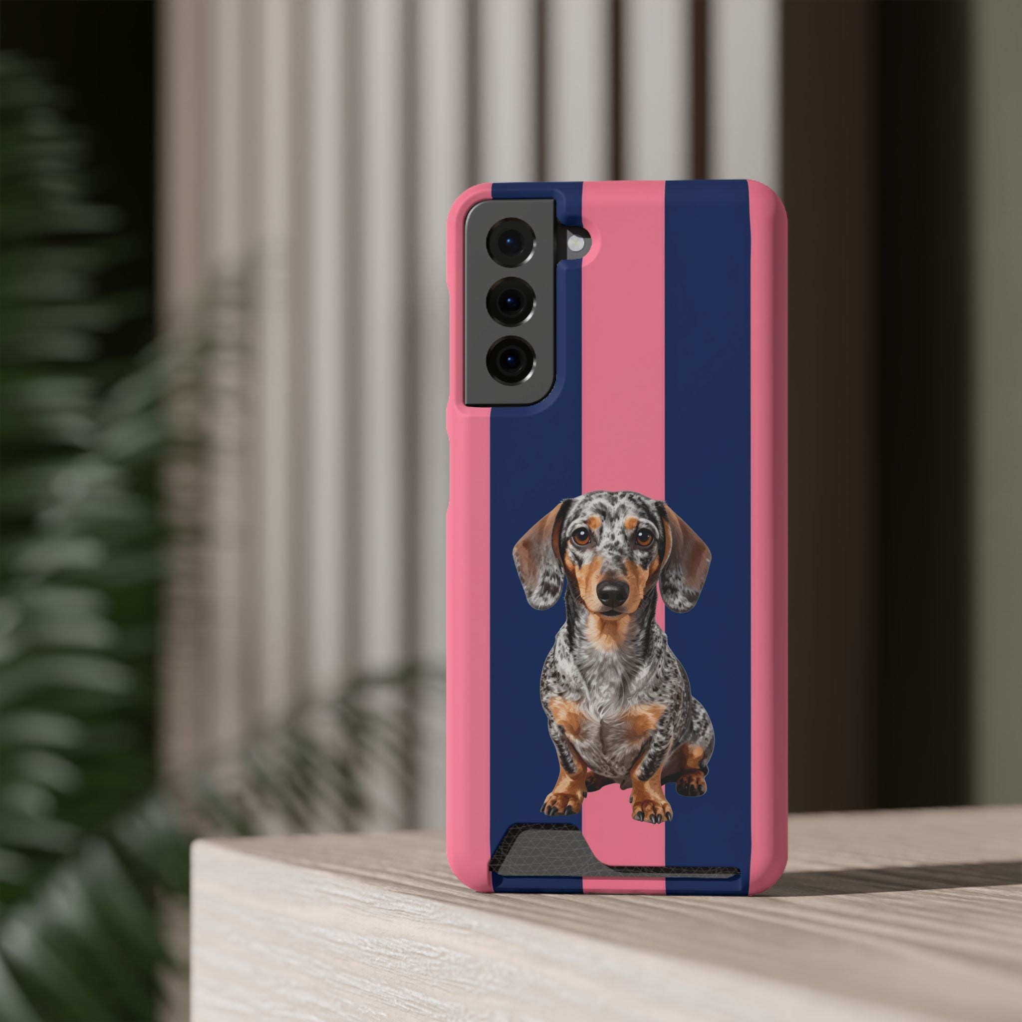 Dachshund Stripe Phone Case with Card Holder — Pink & Navy Cute Dog Wallet Case