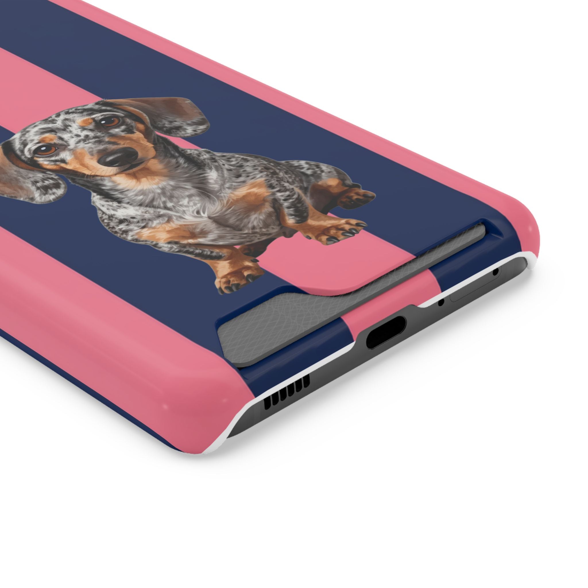 Dachshund Stripe Phone Case with Card Holder — Pink & Navy Cute Dog Wallet Case