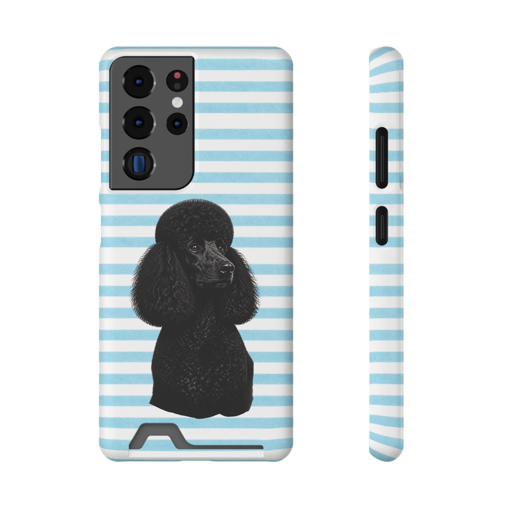Poodle Stripe Phone Card Case – Blue Striped Wallet Case with Black Poodle