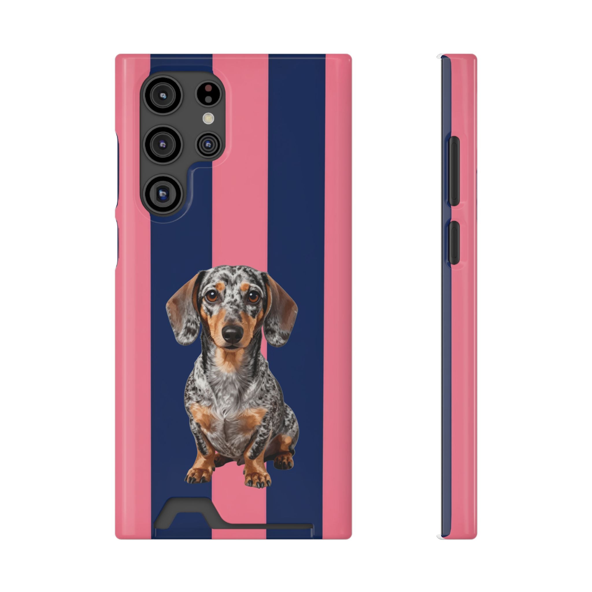Dachshund Stripe Phone Case with Card Holder — Pink & Navy Cute Dog Wallet Case