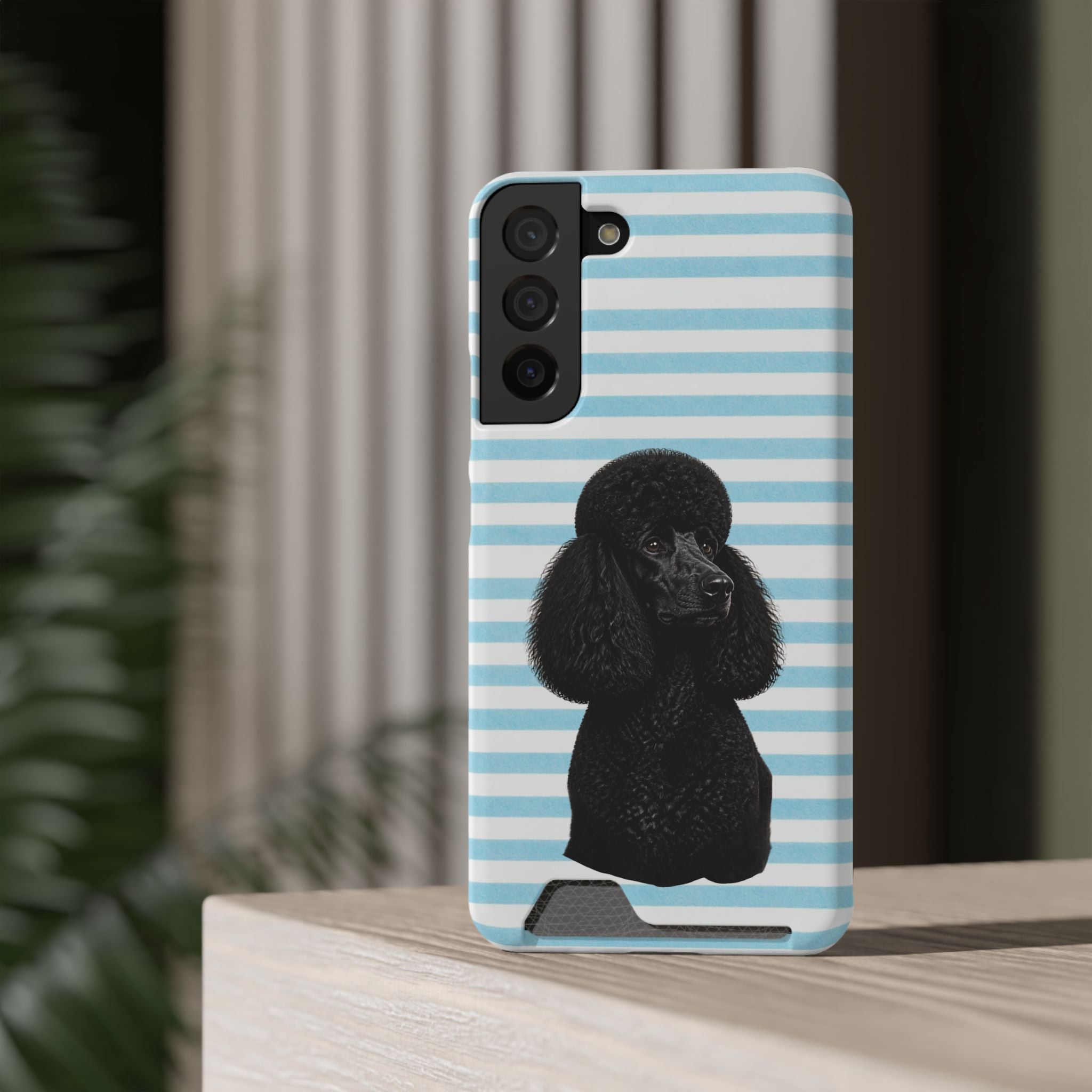Poodle Stripe Phone Card Case – Blue Striped Wallet Case with Black Poodle