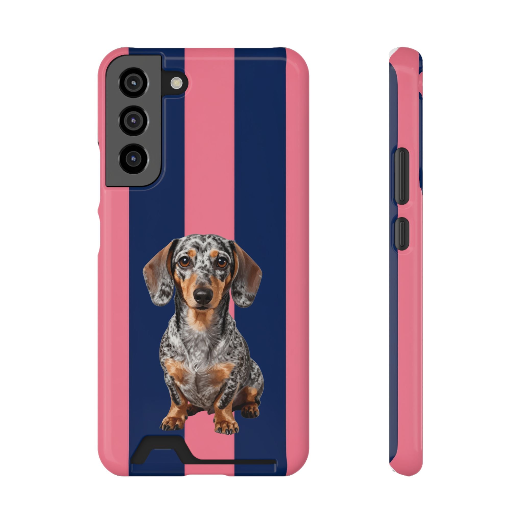 Dachshund Stripe Phone Case with Card Holder — Pink & Navy Cute Dog Wallet Case