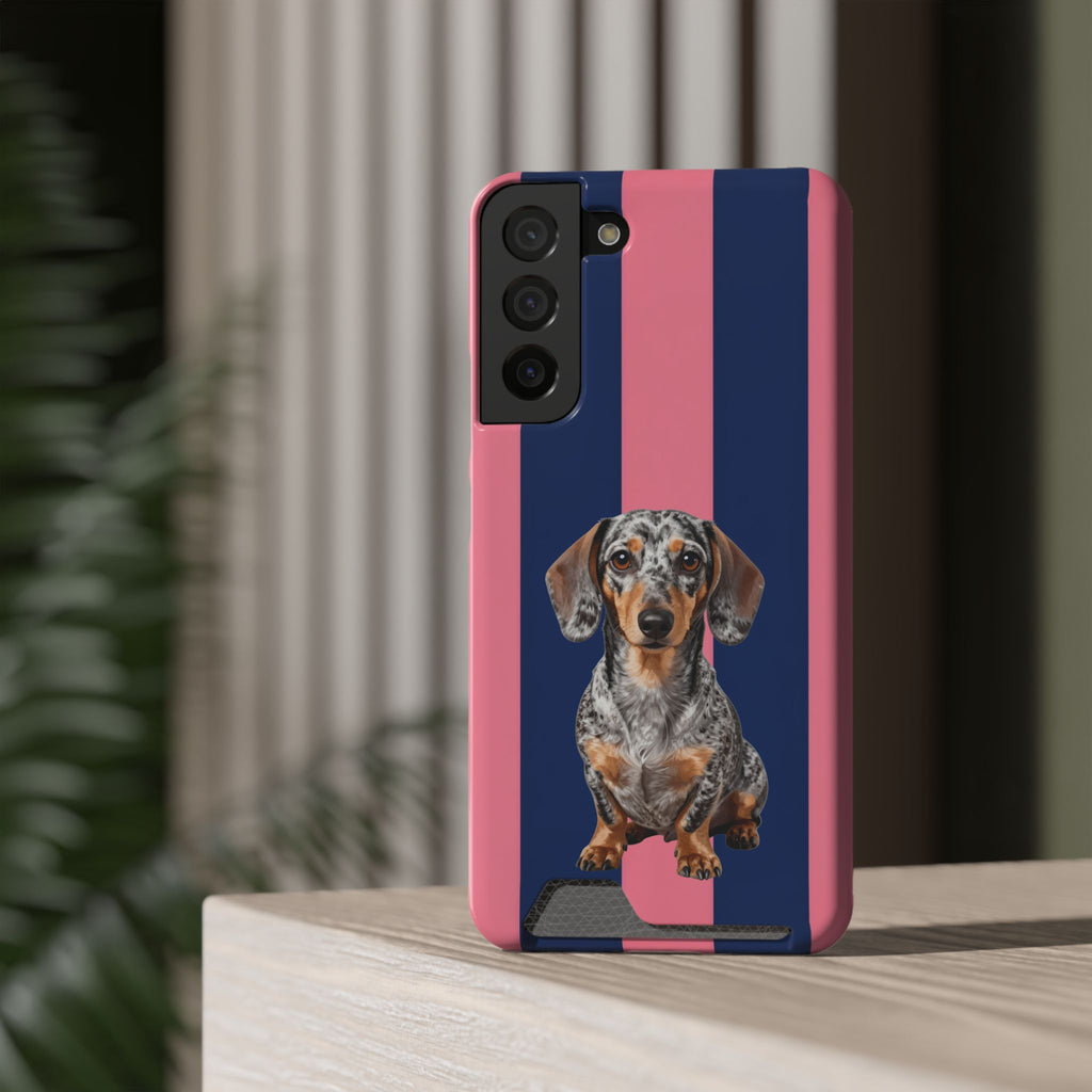 Dachshund Stripe Phone Case with Card Holder — Pink & Navy Cute Dog Wallet Case