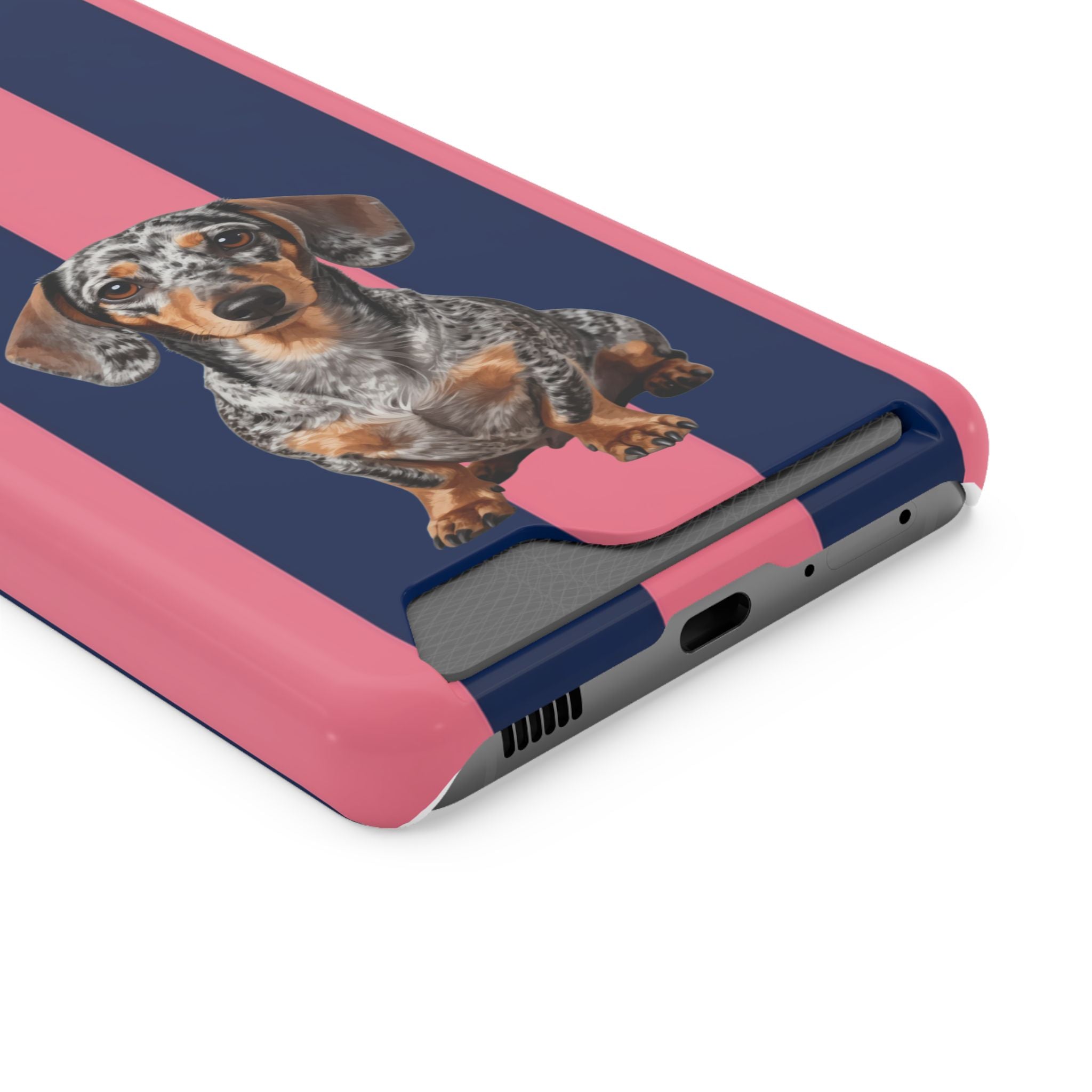 Dachshund Stripe Phone Case with Card Holder — Pink & Navy Cute Dog Wallet Case
