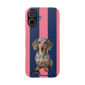 Dachshund Stripe Phone Case with Card Holder — Pink & Navy Cute Dog Wallet Case
