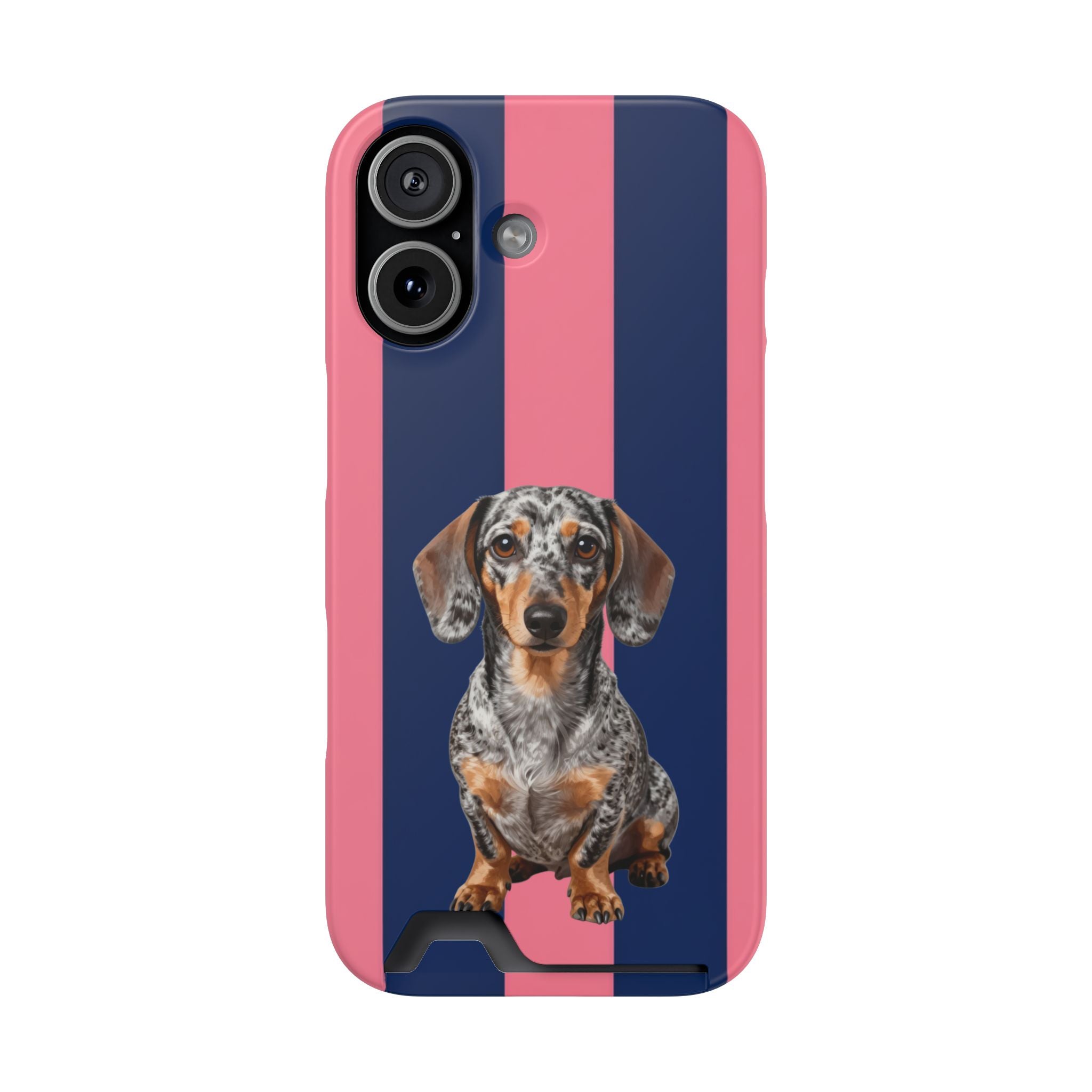 Dachshund Stripe Phone Case with Card Holder — Pink & Navy Cute Dog Wallet Case