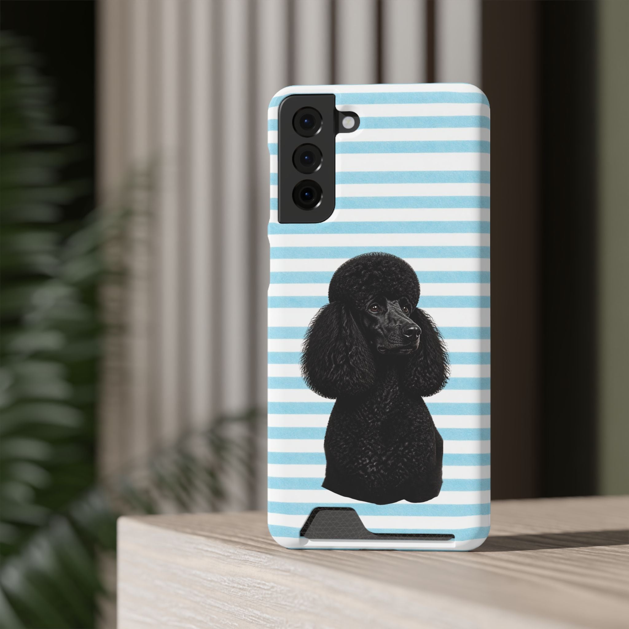 Poodle Stripe Phone Card Case – Blue Striped Wallet Case with Black Poodle