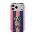 Dachshund Card-Holder Phone Case — Pink & Navy Striped Dog Design