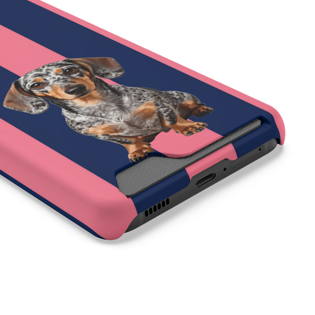 Dachshund Stripe Phone Case with Card Holder — Pink & Navy Cute Dog Wallet Case