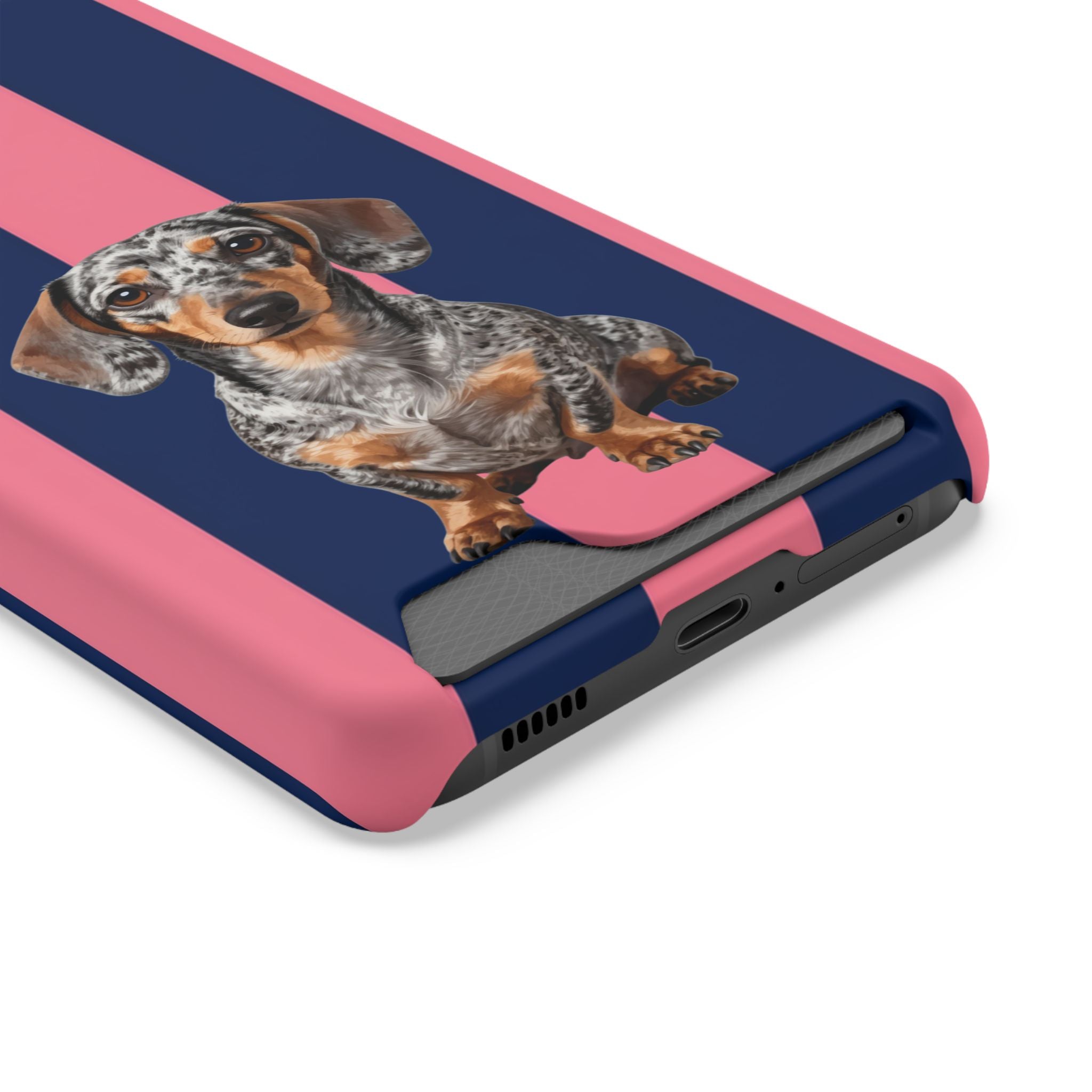 Dachshund Stripe Phone Case with Card Holder — Pink & Navy Cute Dog Wallet Case