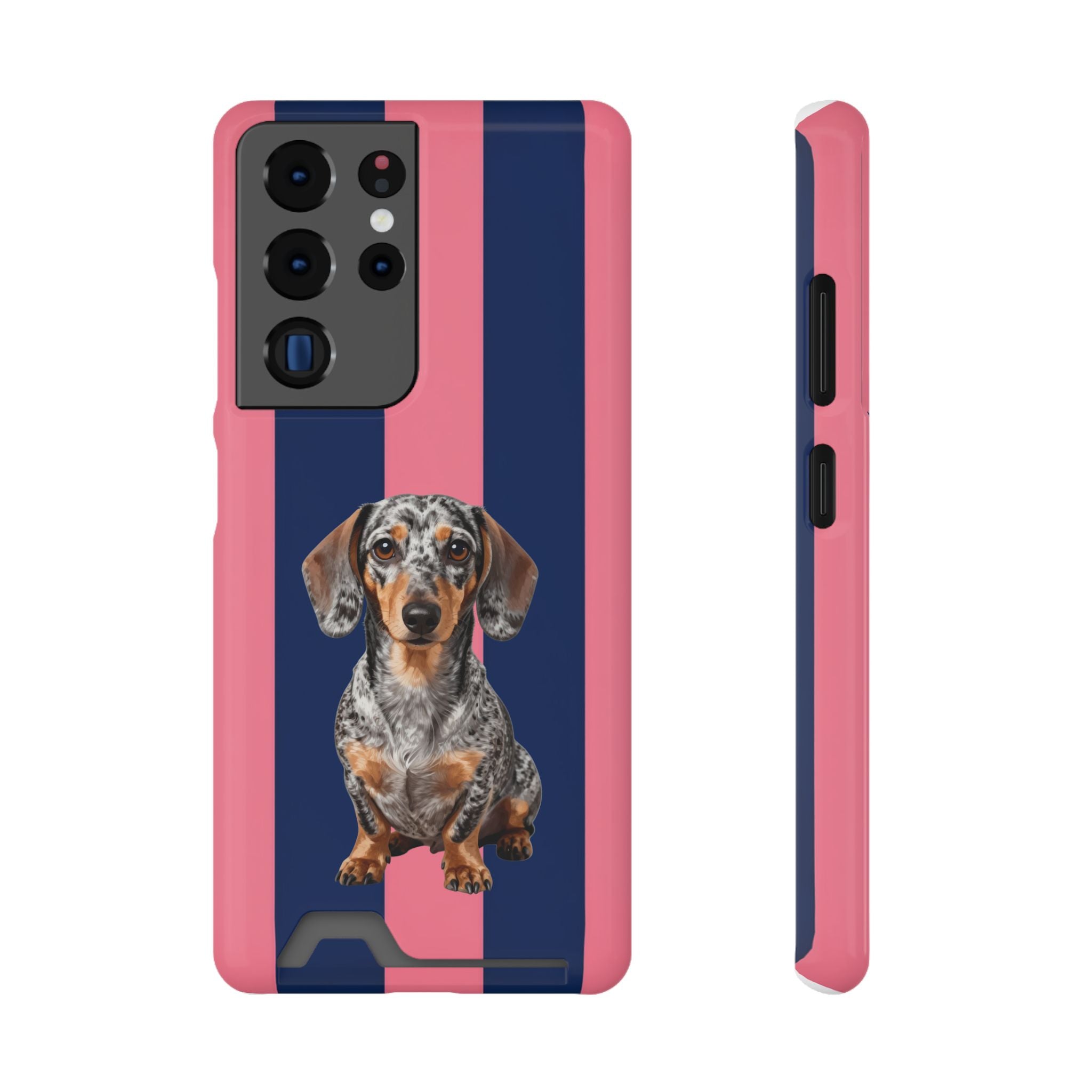 Dachshund Stripe Phone Case with Card Holder — Pink & Navy Cute Dog Wallet Case