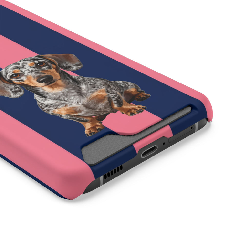 Dachshund Stripe Phone Case with Card Holder — Pink & Navy Cute Dog Wallet Case