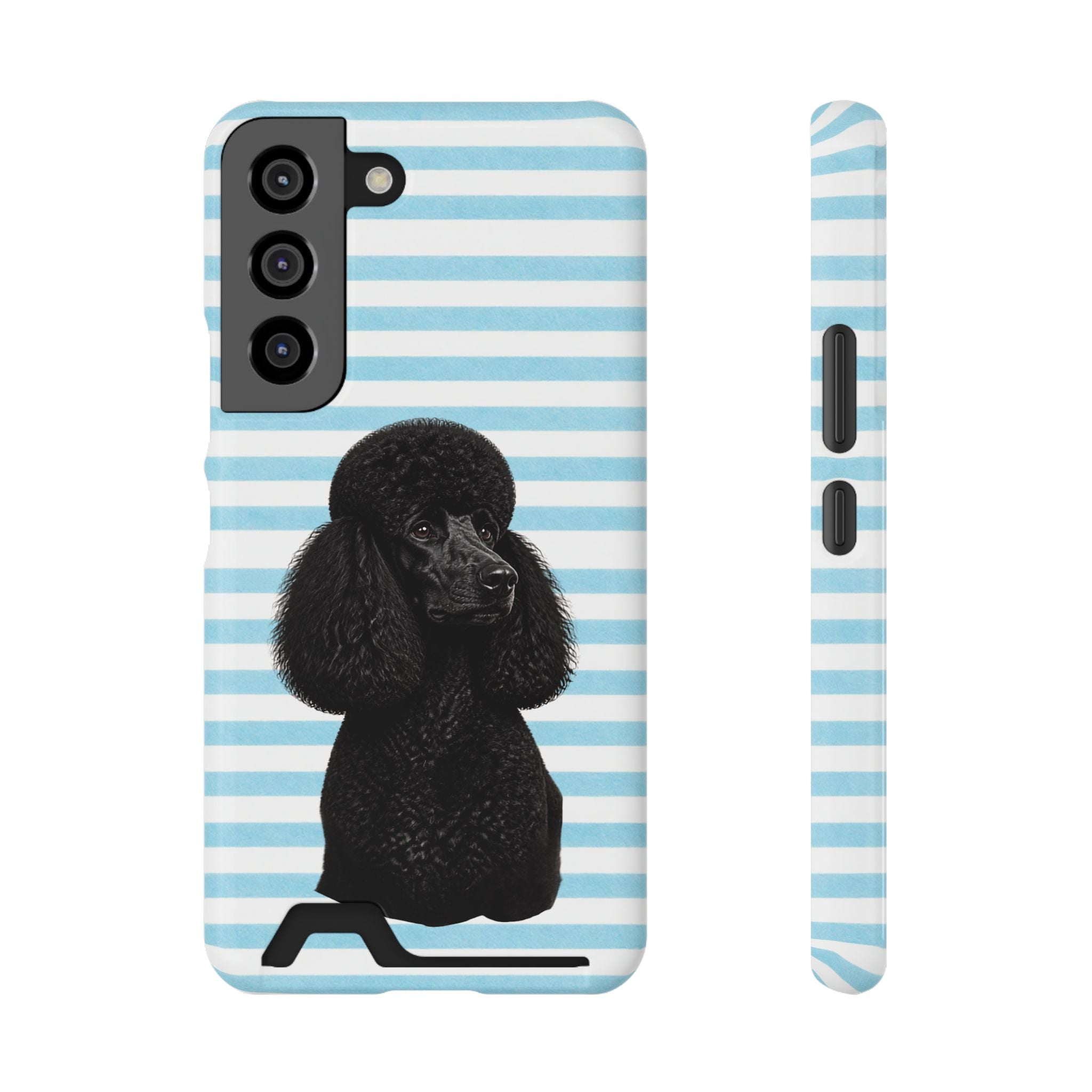 Poodle Stripe Phone Card Case – Blue Striped Wallet Case with Black Poodle