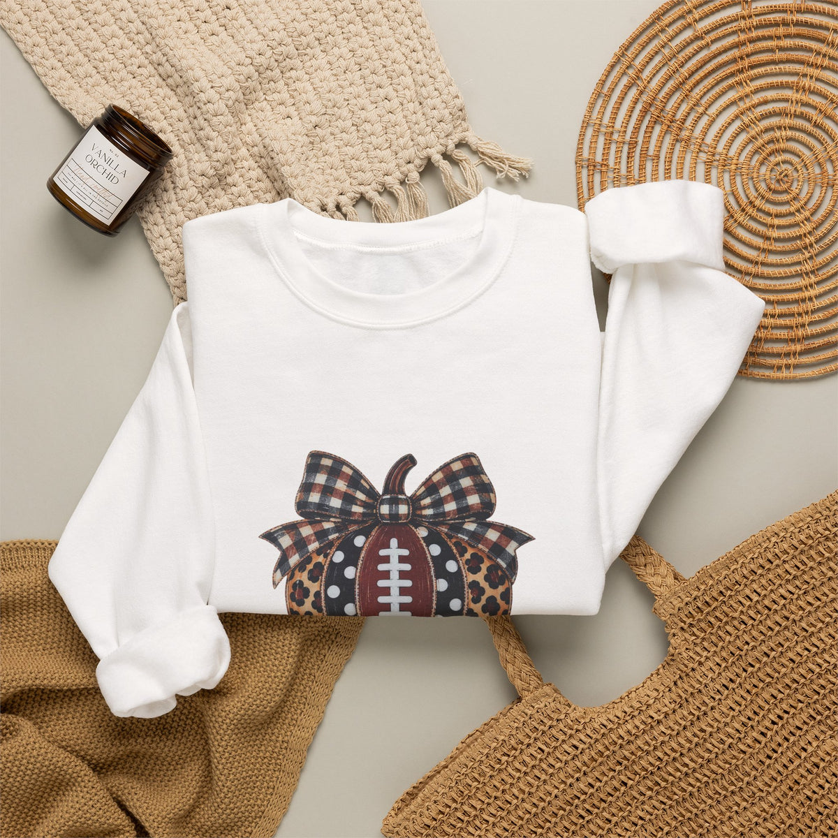 Football Pumpkin Crewneck Sweatshirt — Leopard & Buffalo Plaid Fall Football Pullover