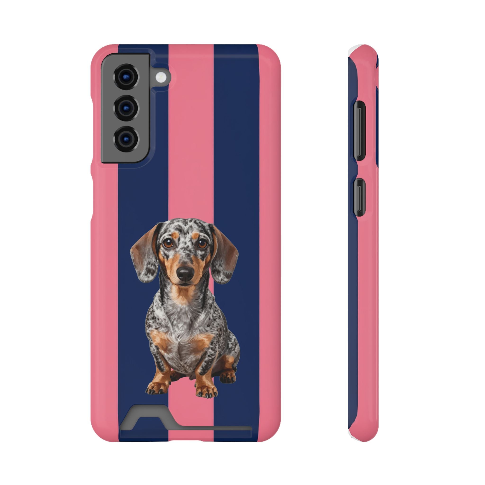 Dachshund Stripe Phone Case with Card Holder — Pink & Navy Cute Dog Wallet Case