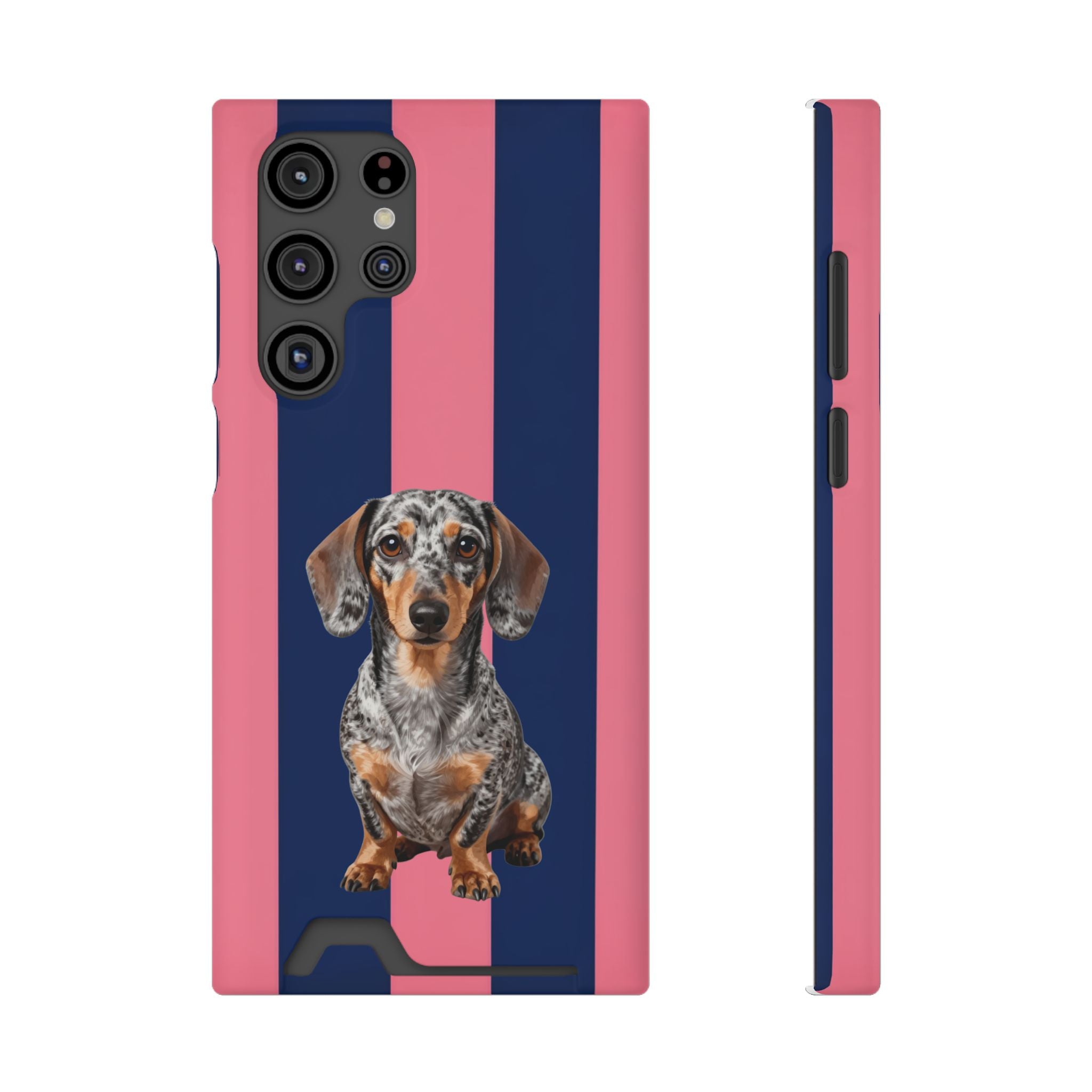 Dachshund Stripe Phone Case with Card Holder — Pink & Navy Cute Dog Wallet Case