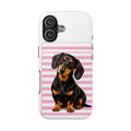 Dachshund Phone Case — Cute Black & Tan Sausage Dog on Pink Stripes, Tough Protective Case