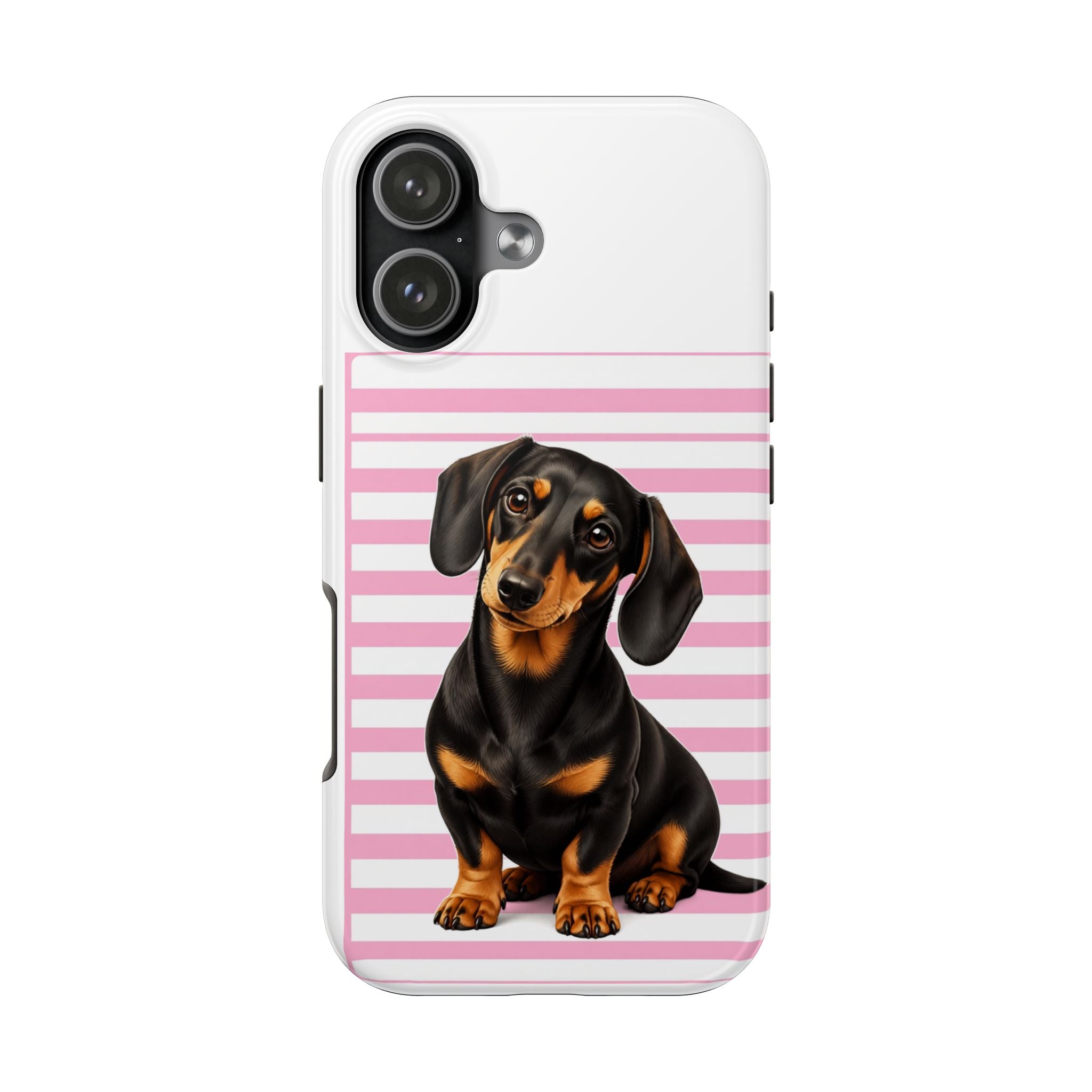 Dachshund Phone Case — Cute Black & Tan Sausage Dog on Pink Stripes, Tough Protective Case