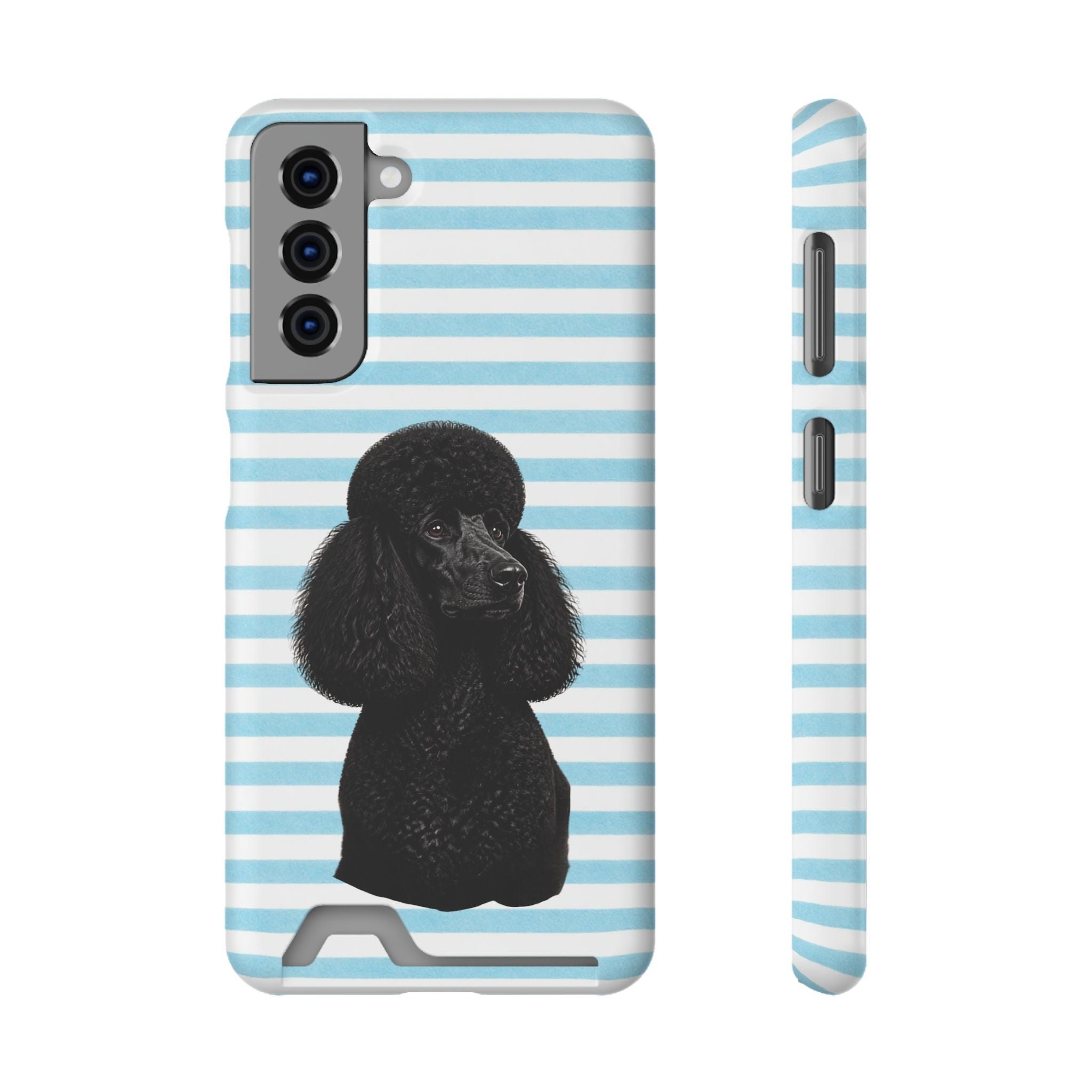 Poodle Stripe Phone Card Case – Blue Striped Wallet Case with Black Poodle