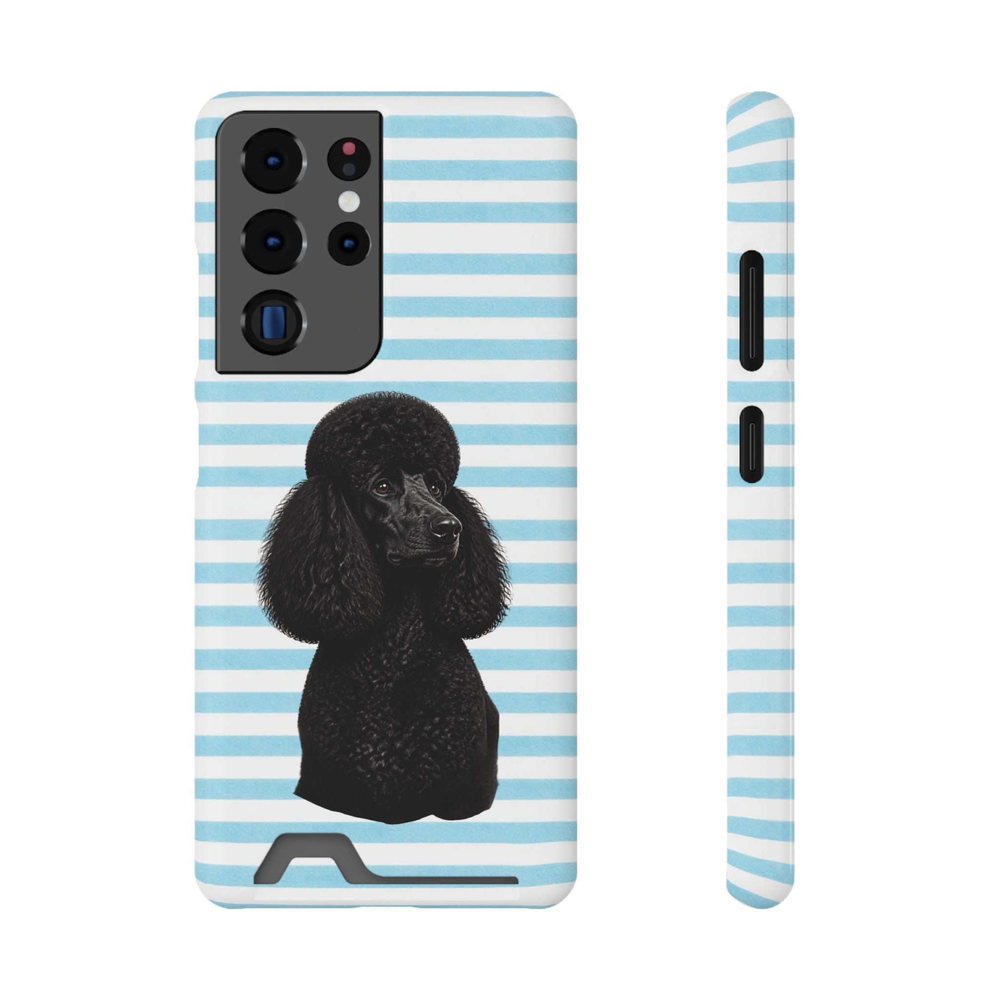 Poodle Stripe Phone Card Case – Blue Striped Wallet Case with Black Poodle