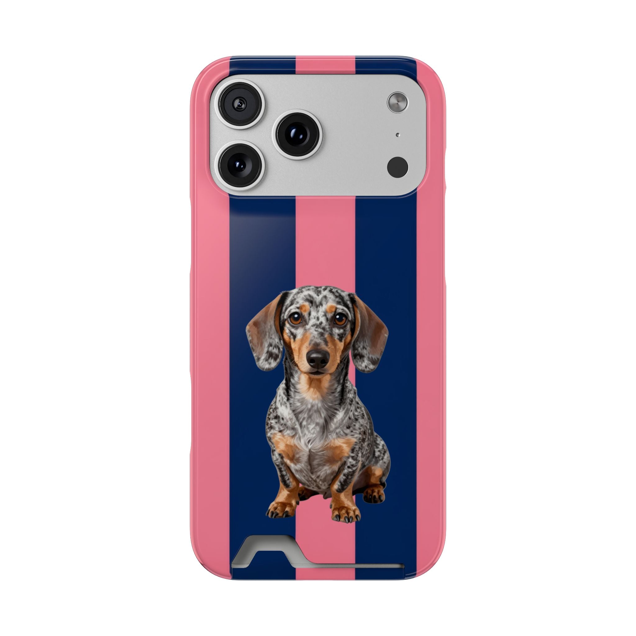 Dachshund Card-Holder Phone Case — Pink & Navy Striped Dog Design