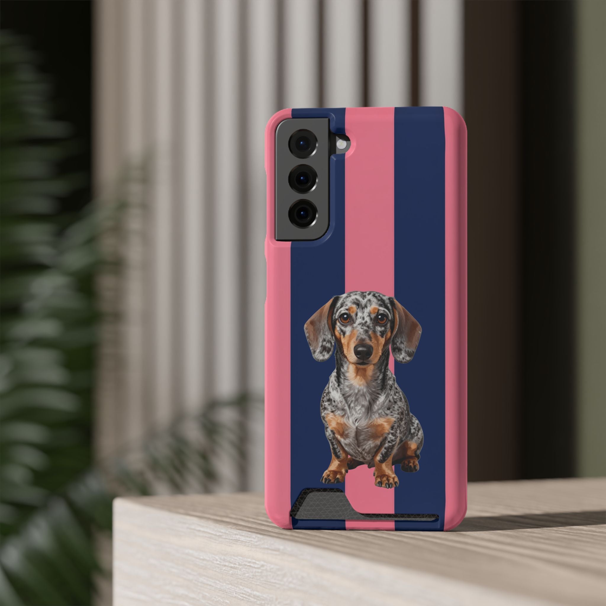 Dachshund Stripe Phone Case with Card Holder — Pink & Navy Cute Dog Wallet Case