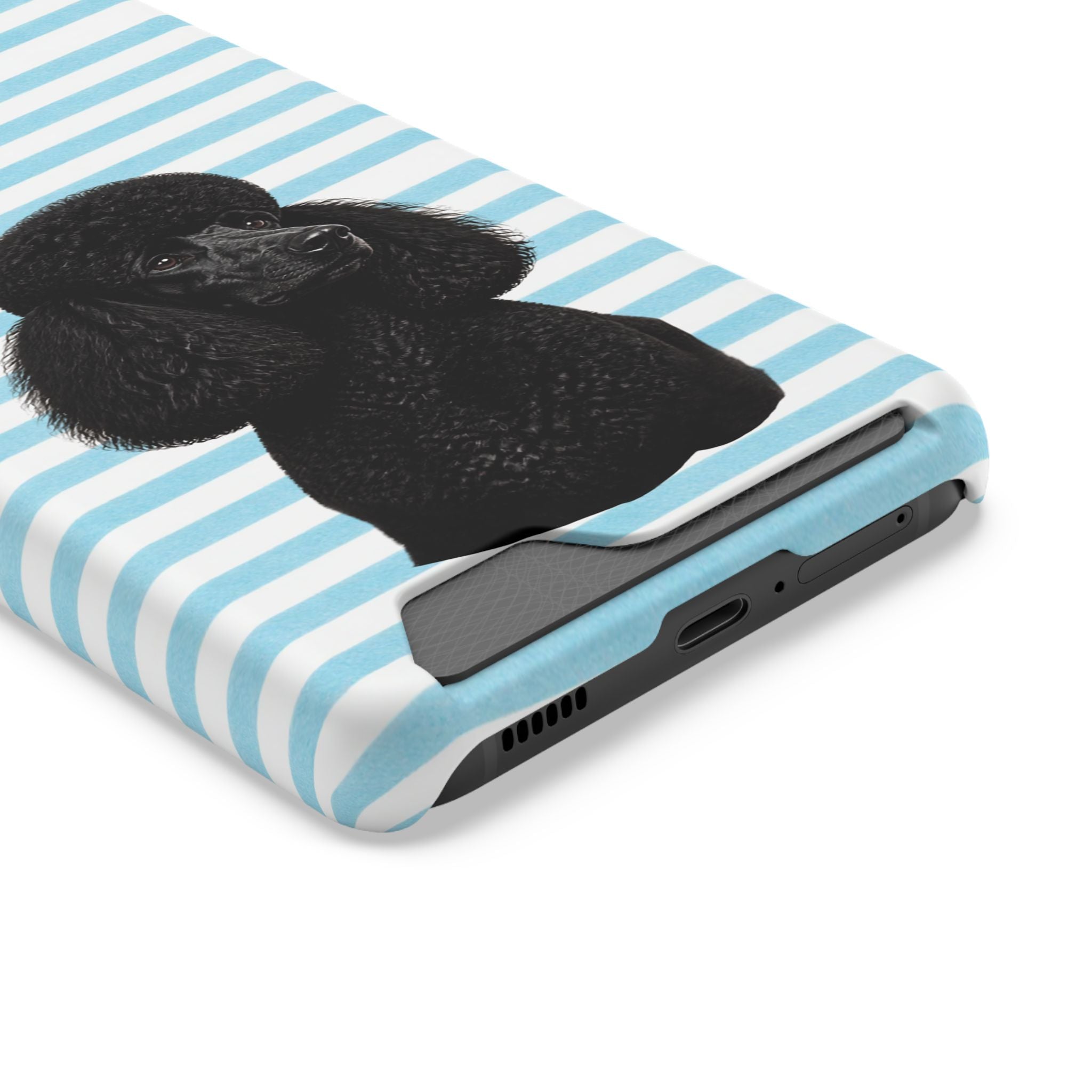Poodle Stripe Phone Card Case – Blue Striped Wallet Case with Black Poodle