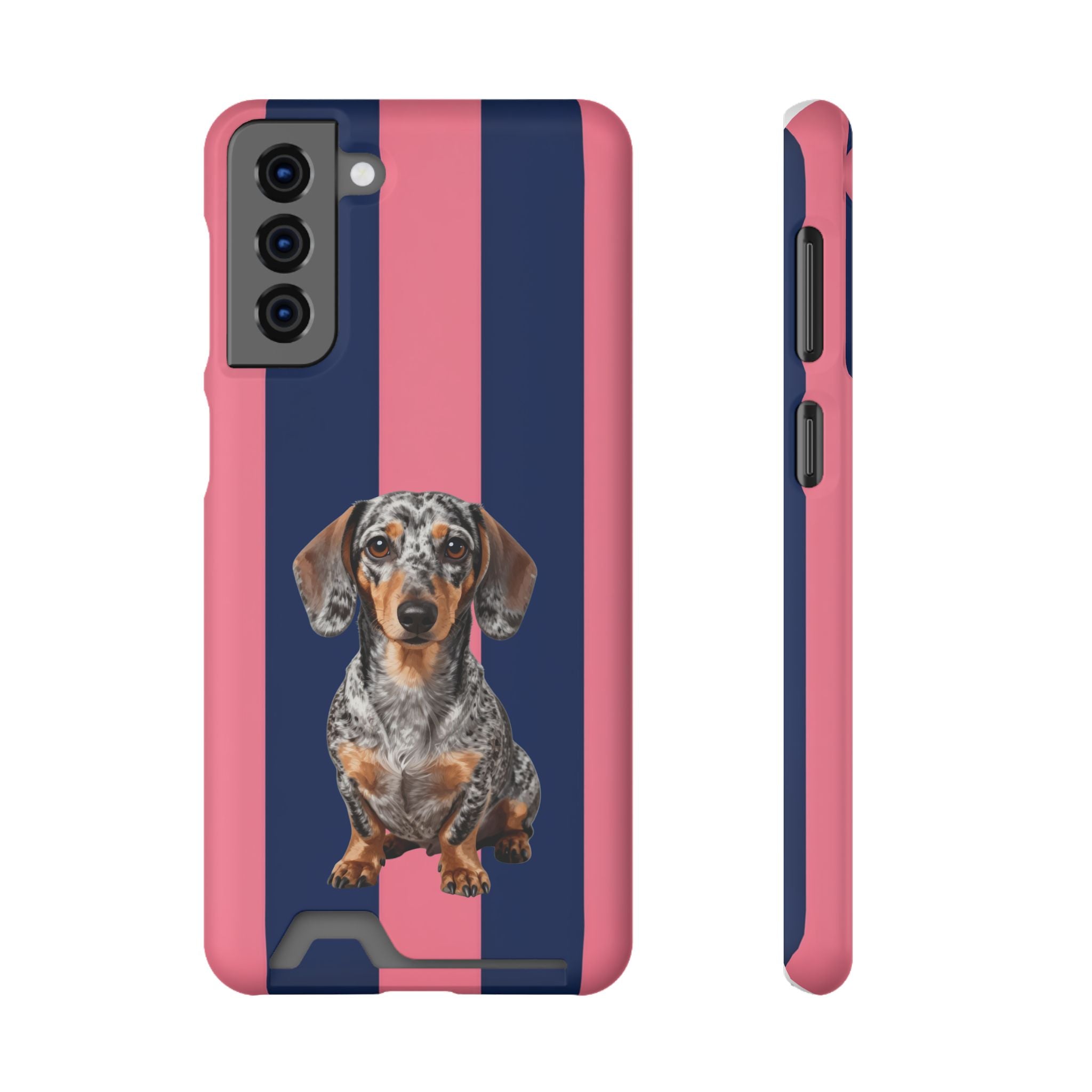 Dachshund Stripe Phone Case with Card Holder — Pink & Navy Cute Dog Wallet Case