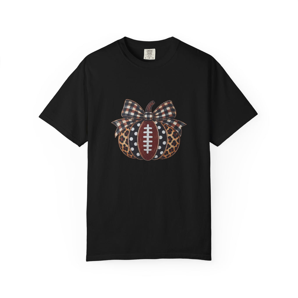 Football Pumpkin T‑Shirt — Leopard & Plaid Fall Game Day Tee