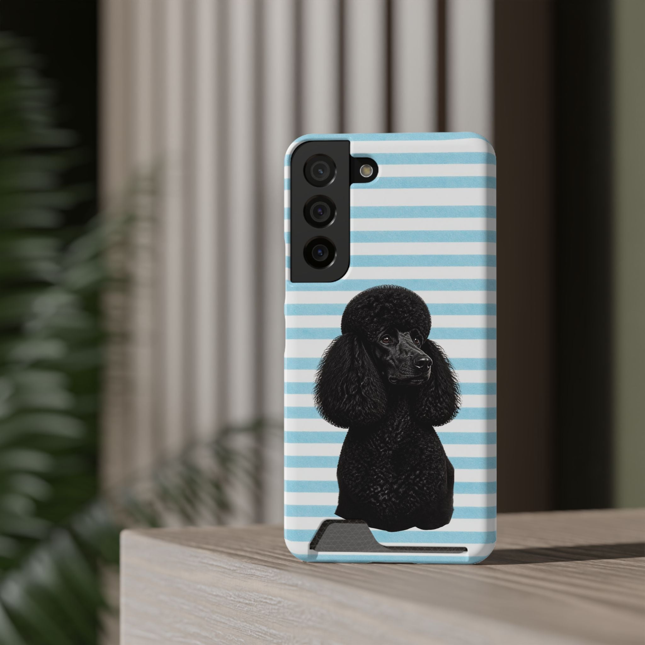 Poodle Stripe Phone Card Case – Blue Striped Wallet Case with Black Poodle