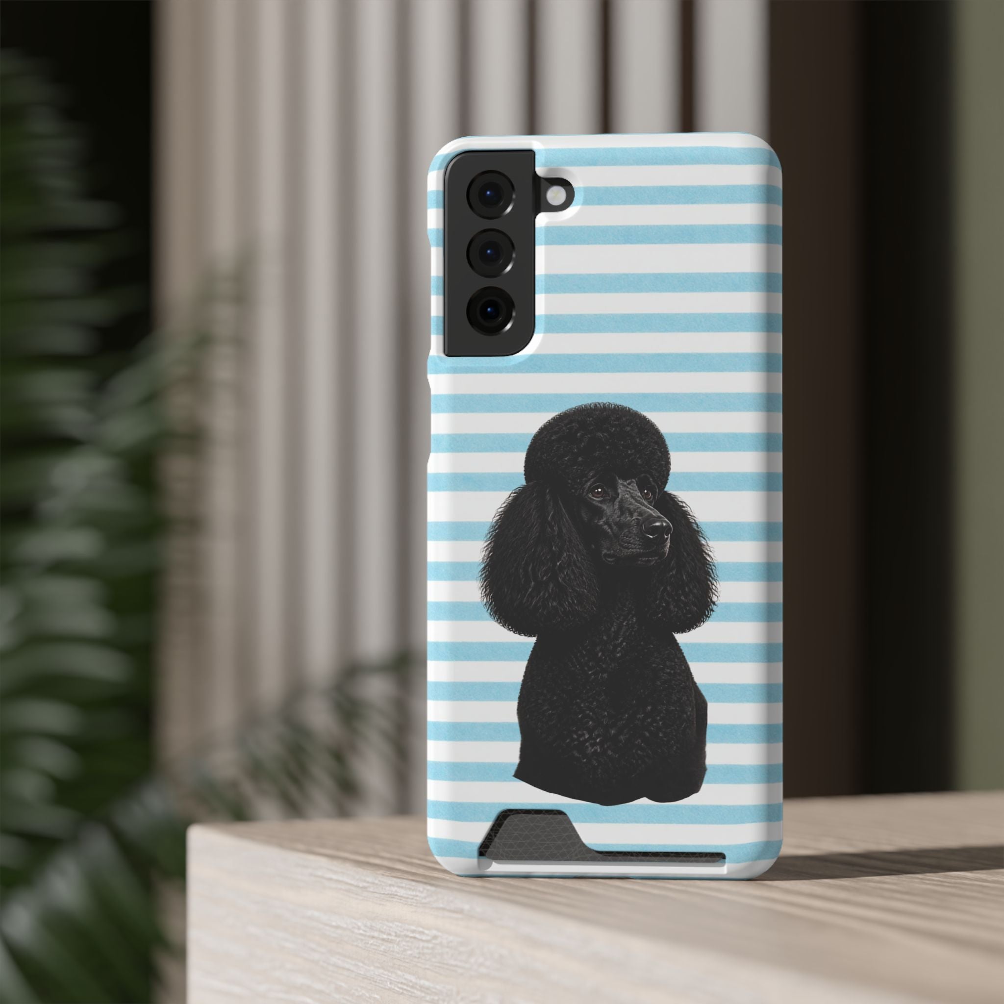 Poodle Stripe Phone Card Case – Blue Striped Wallet Case with Black Poodle