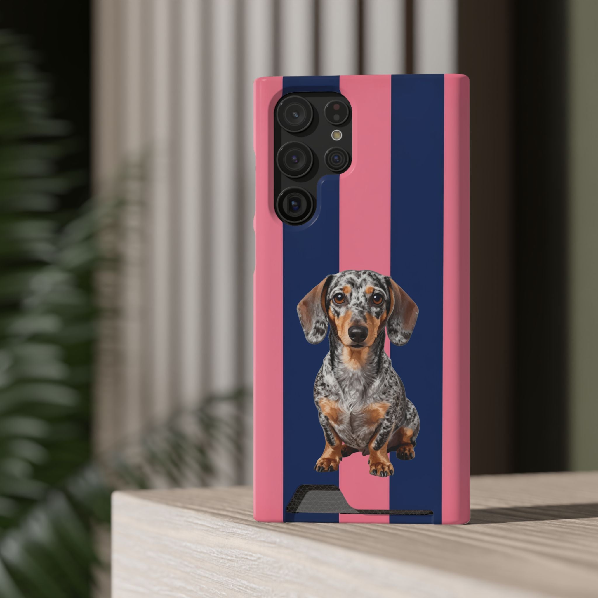Dachshund Stripe Phone Case with Card Holder — Pink & Navy Cute Dog Wallet Case