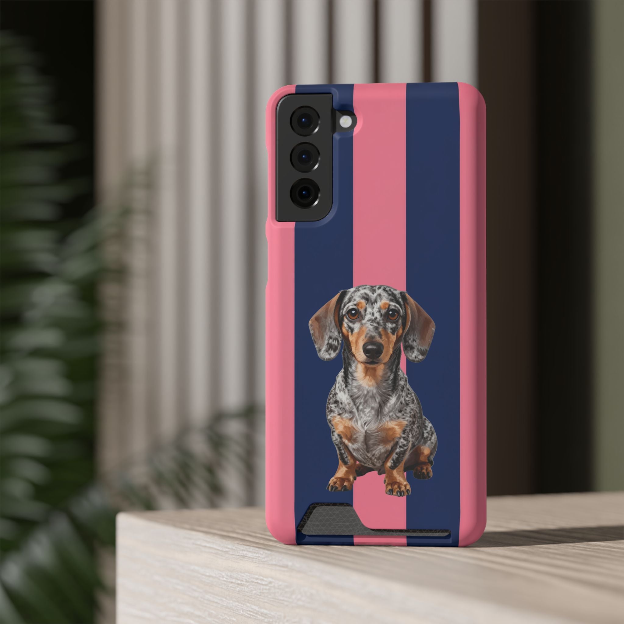 Dachshund Stripe Phone Case with Card Holder — Pink & Navy Cute Dog Wallet Case