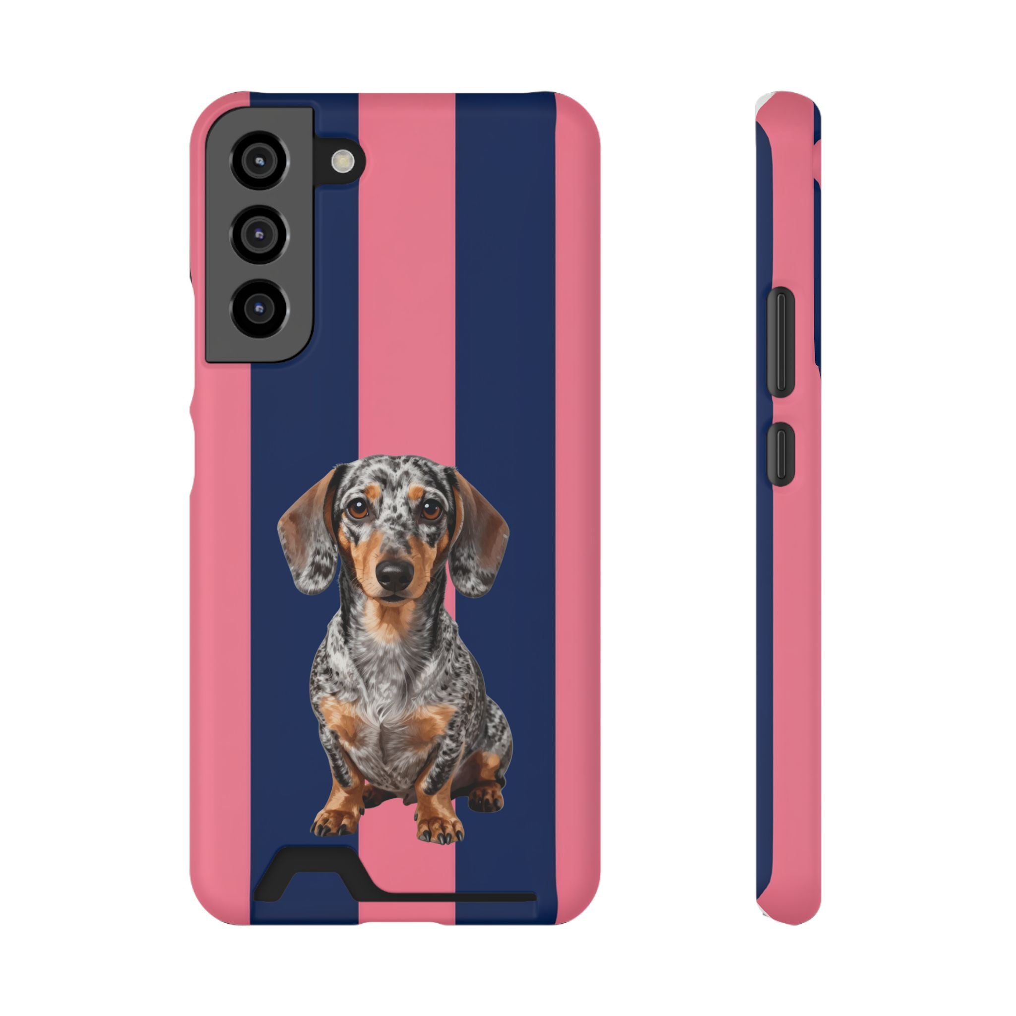 Dachshund Stripe Phone Case with Card Holder — Pink & Navy Cute Dog Wallet Case