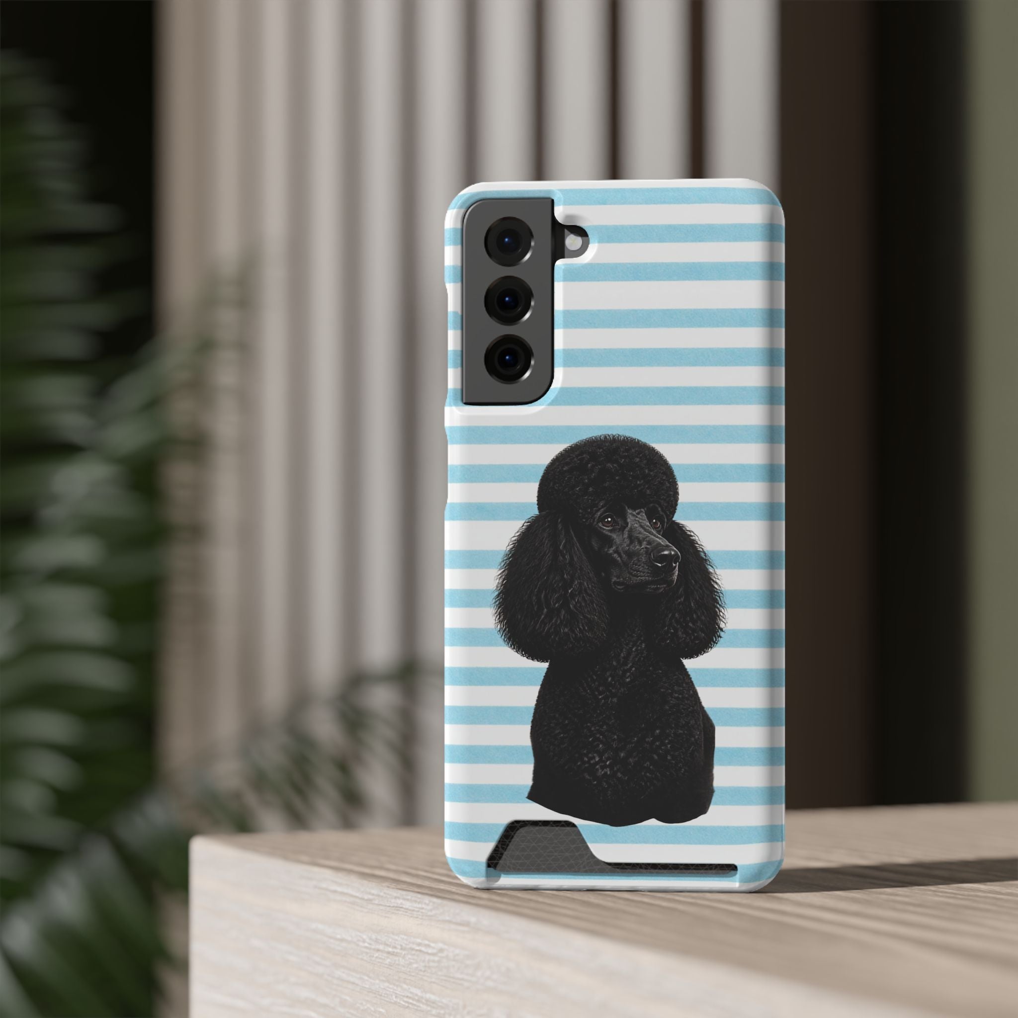 Poodle Stripe Phone Card Case – Blue Striped Wallet Case with Black Poodle