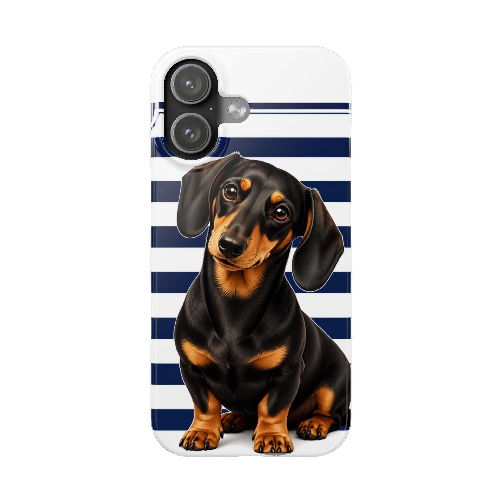 Dachshund Phone Case – Blue Striped Slim Case with Cute Dapple Sausage Dog