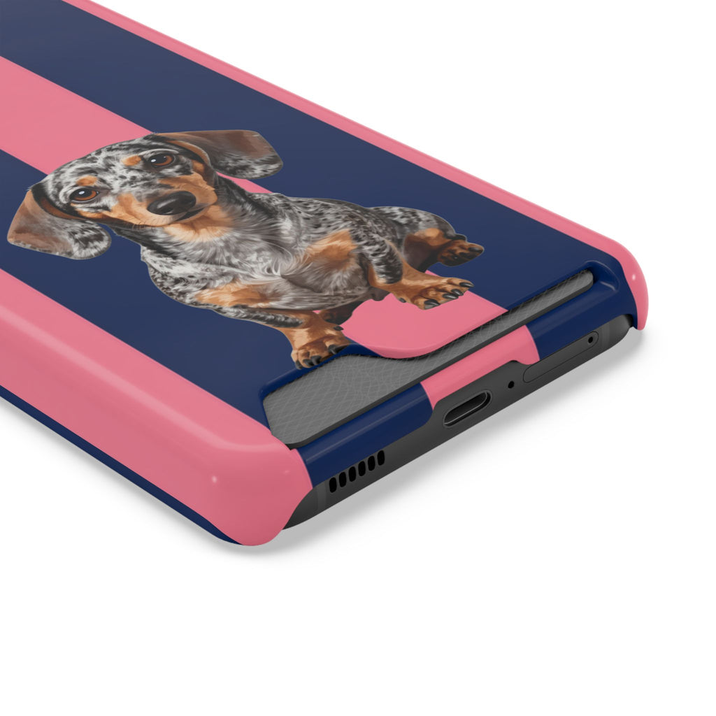 Dachshund Stripe Phone Case with Card Holder — Pink & Navy Cute Dog Wallet Case