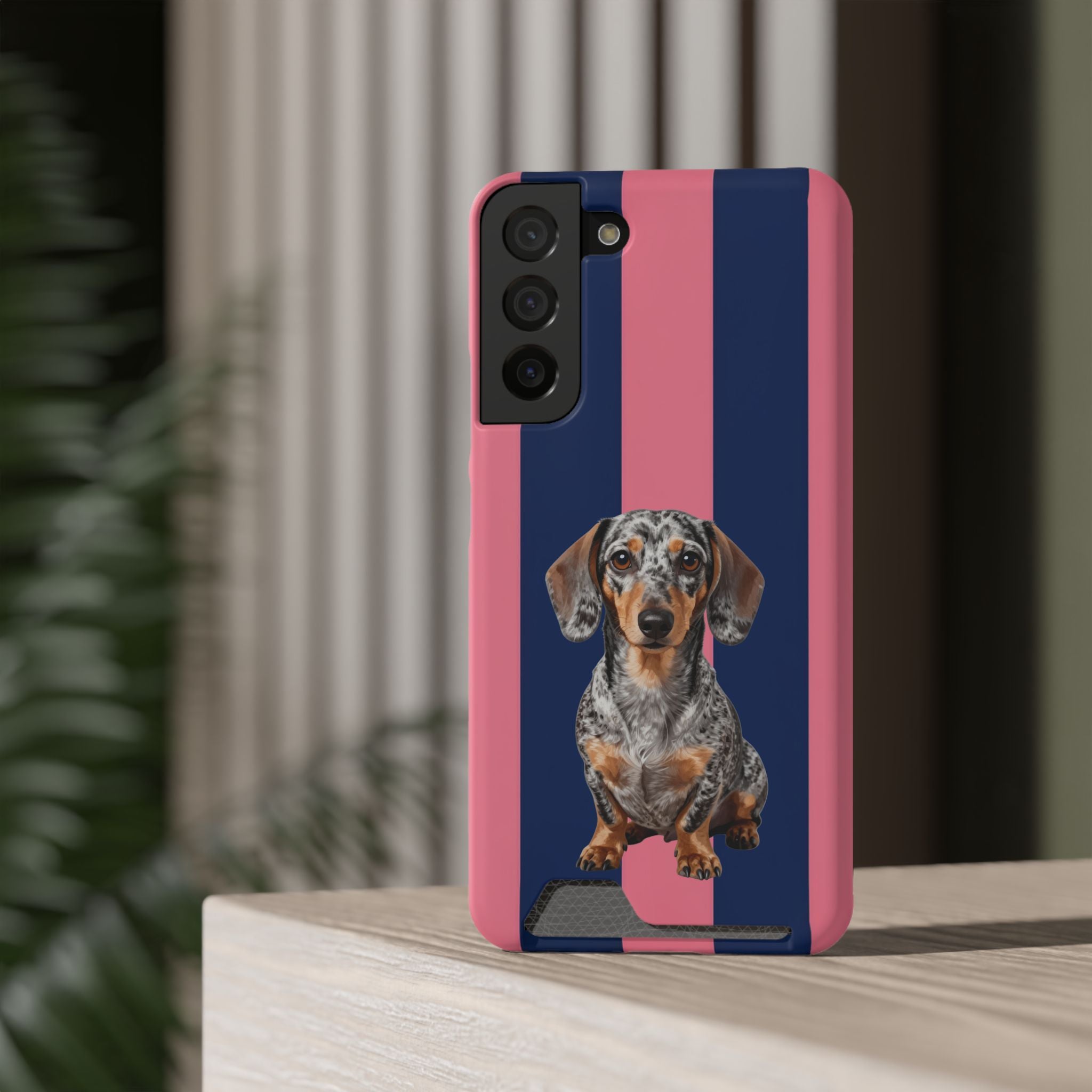 Dachshund Stripe Phone Case with Card Holder — Pink & Navy Cute Dog Wallet Case