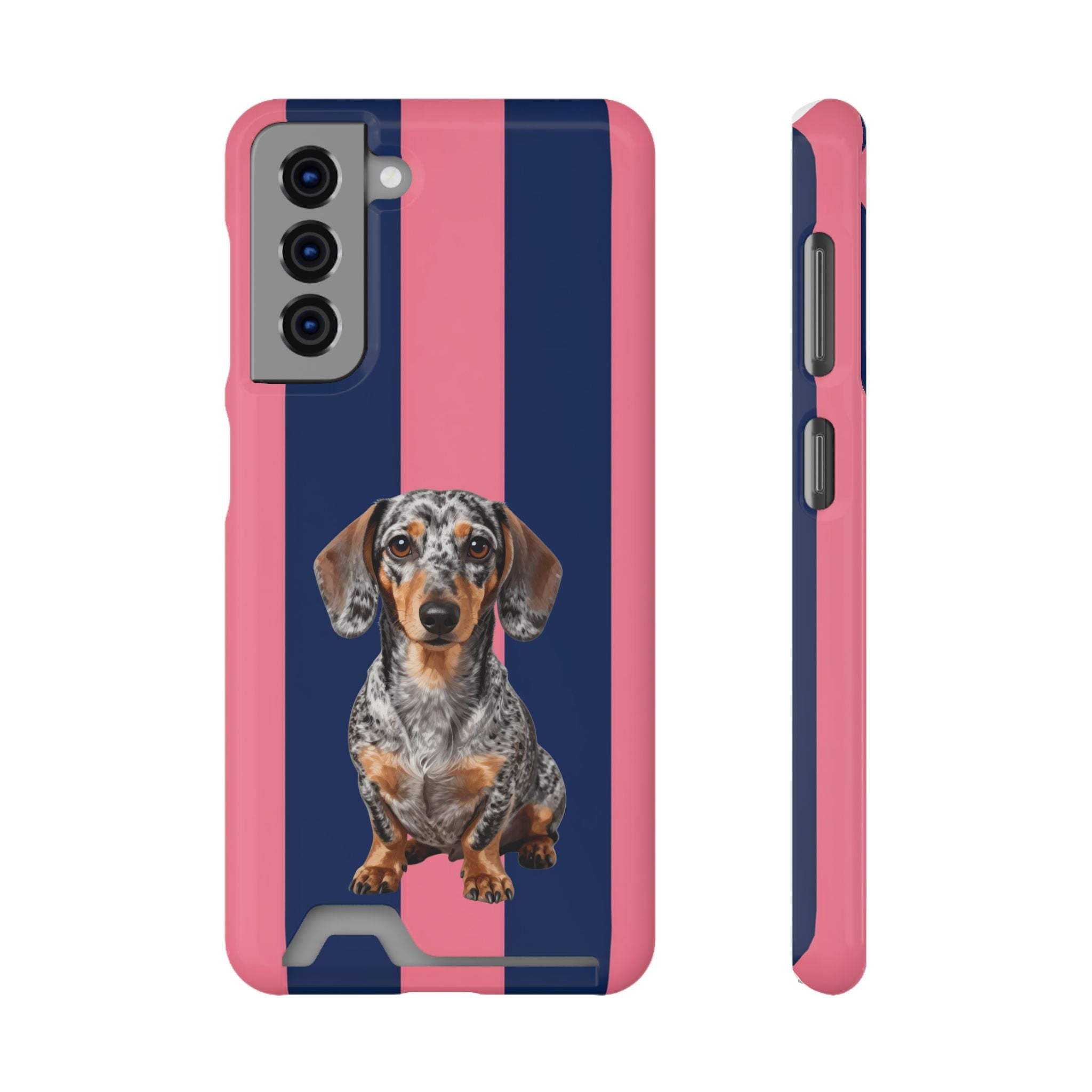 Dachshund Stripe Phone Case with Card Holder — Pink & Navy Cute Dog Wallet Case