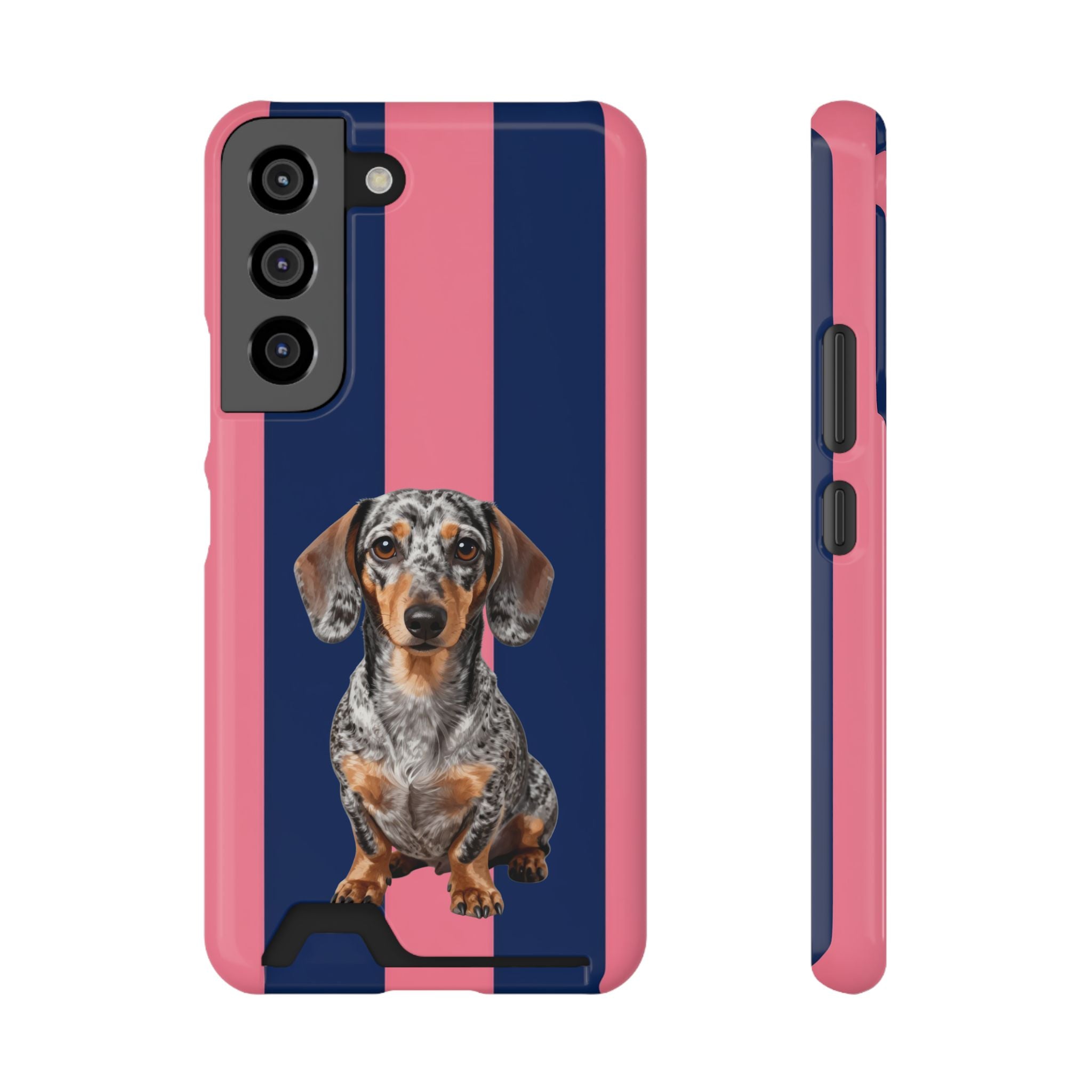 Dachshund Stripe Phone Case with Card Holder — Pink & Navy Cute Dog Wallet Case