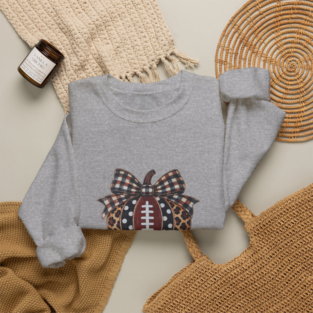 Football Pumpkin Crewneck Sweatshirt — Leopard & Buffalo Plaid Fall Football Pullover