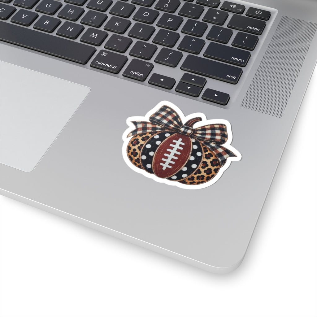 Fall Football Pumpkin Sticker — Leopard & Buffalo Plaid Kiss-Cut Decal
