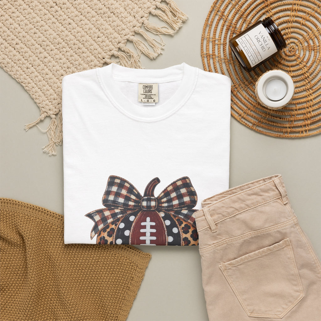 Football Pumpkin T‑Shirt — Leopard & Plaid Fall Game Day Tee