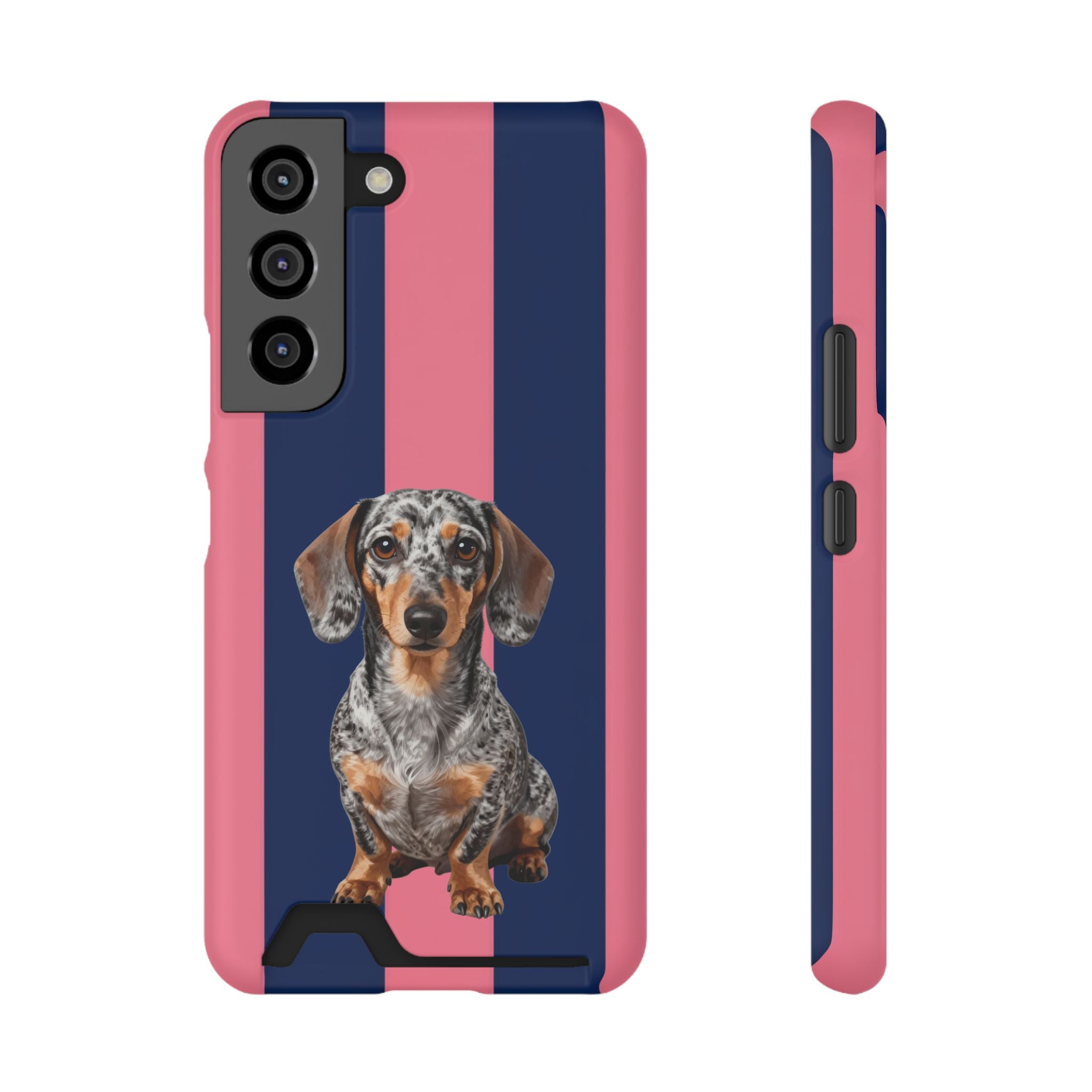 Dachshund Stripe Phone Case with Card Holder — Pink & Navy Cute Dog Wallet Case