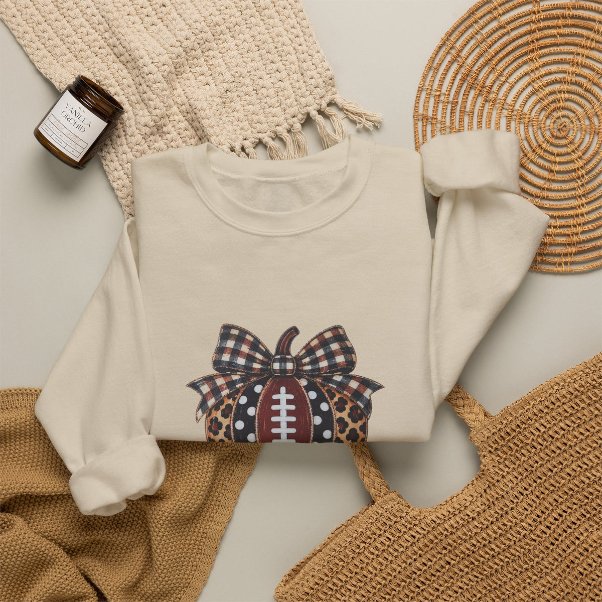 Football Pumpkin Crewneck Sweatshirt — Leopard & Buffalo Plaid Fall Football Pullover