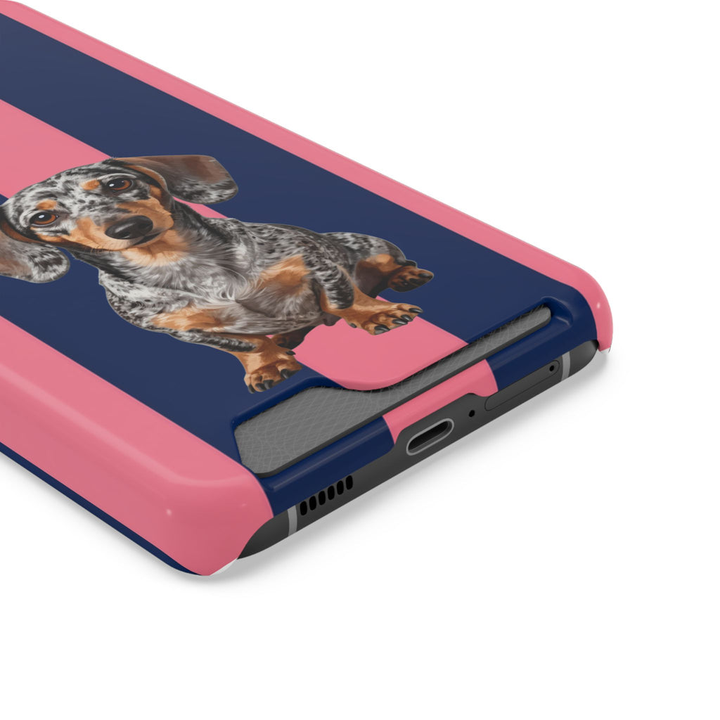 Dachshund Stripe Phone Case with Card Holder — Pink & Navy Cute Dog Wallet Case